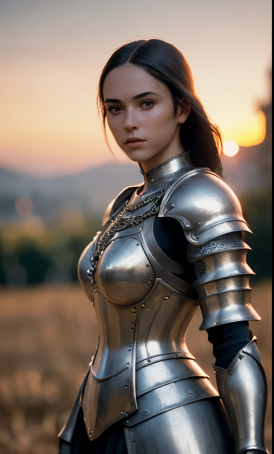 (masterpiece), (extremely intricate:1.3), (realistic), portrait of a girl, the most beautiful in the world, (medieval armor), metal reflections, upper body, outdoors, intense sunlight, far away castle, professional photograph of a stunning woman detailed, sharp focus, dramatic, award winning, cinematic lighting, octane render unreal engine, volumetrics dtx, (film grain, blurry background, blurry foreground, bokeh, depth of field, sunset, motion blur:1.3), chainmail