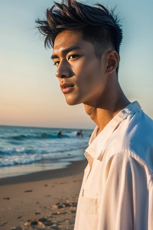 Realistic Photography, Handsome Young Thai Men ,big loose shirt ,beach