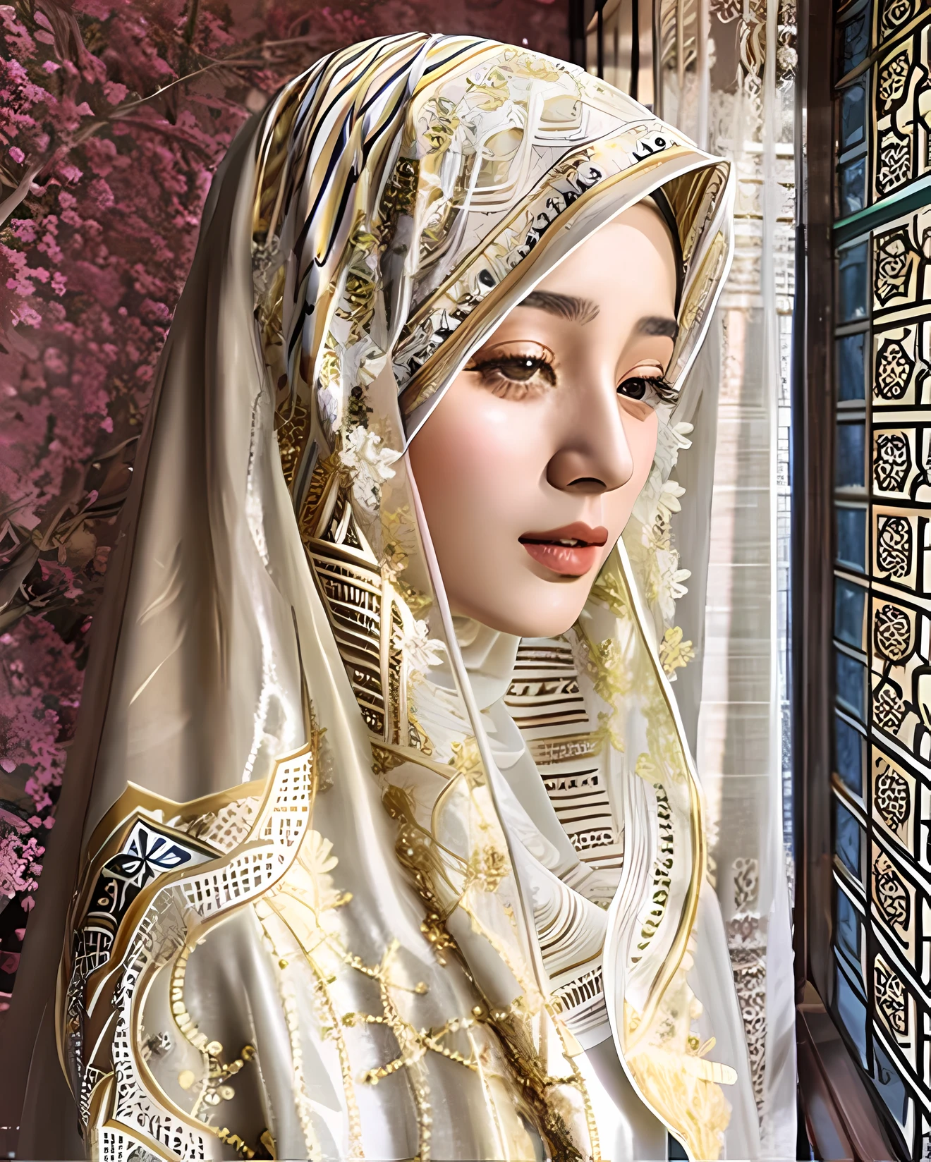 there is a woman wearing a hijab looking out a window, hijab, veiled, white hijab, veiled face, beautiful delicate face, very beautiful girl, lovely delicate face, pale-skinned persian girl, beautiful arab woman, beautiful, high quality portrait, portait photo profile picture, traditional beauty, very extremely beautiful, muslim, beautifully, beautiful girl, beautiful image