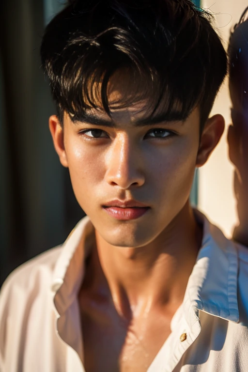 Realistic Photography, Handsome Young Thai Men ,big loose shirt ,beach , 16k resolution , ultra-high clarity , hyperrealism, uhd ,