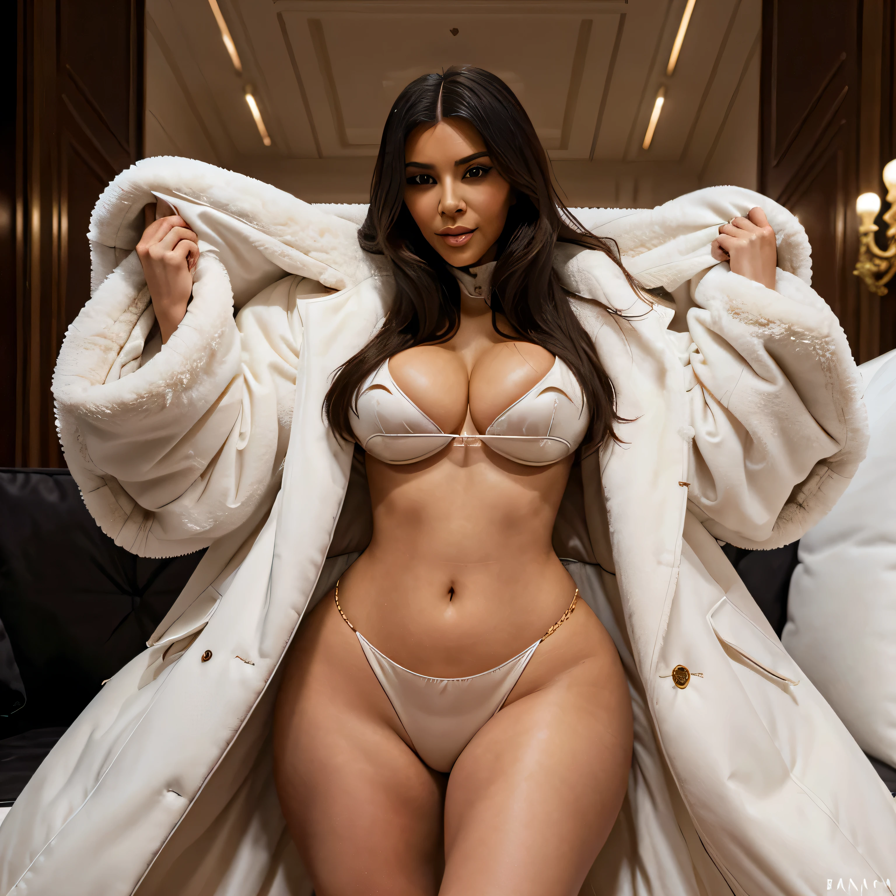 Très long manteau de fourrure de vison balnc, bouffi, soyeux, huge, Trois couches, with a very large fur collar, sur Kim Kardashian, elle defile sur le poddium de chanel, son manteau de fourrure est envelpppant, she smiles provocatively and sensually