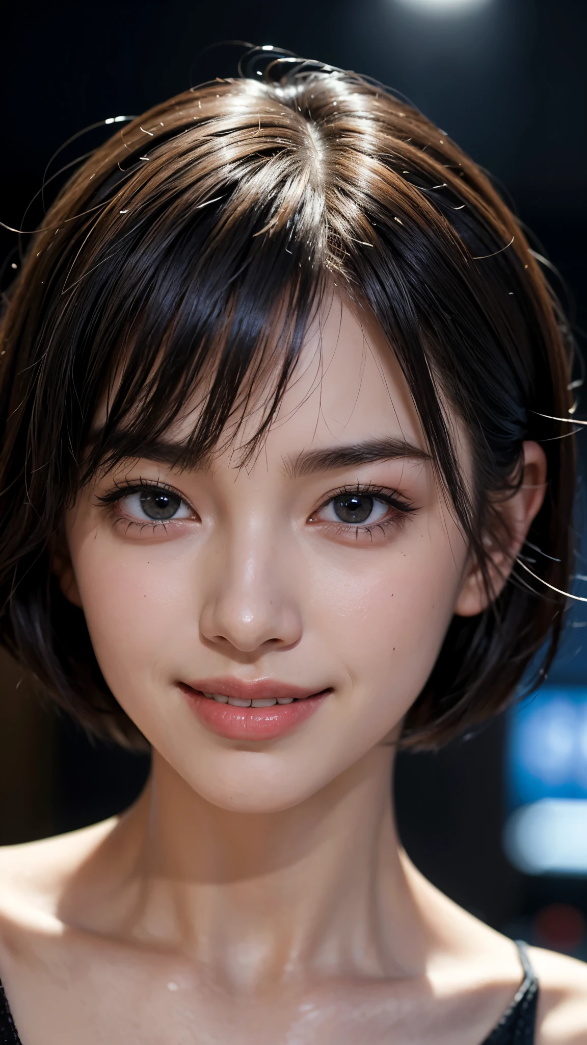 cute 26 year old,1 girl,slim face ,8K,Super realistic image quality,dynamic shadow,sparkling eyes,Clear black eyes,movie theater lighting,dark back alley,night,Darkness of the city,business suit, ((face close up:1.5)),((A smile showing white teeth)),((short hair)),((very short bangs)),close, 8K, Raw photo, highest quality, masterpiece,realistic, photo-realistic,