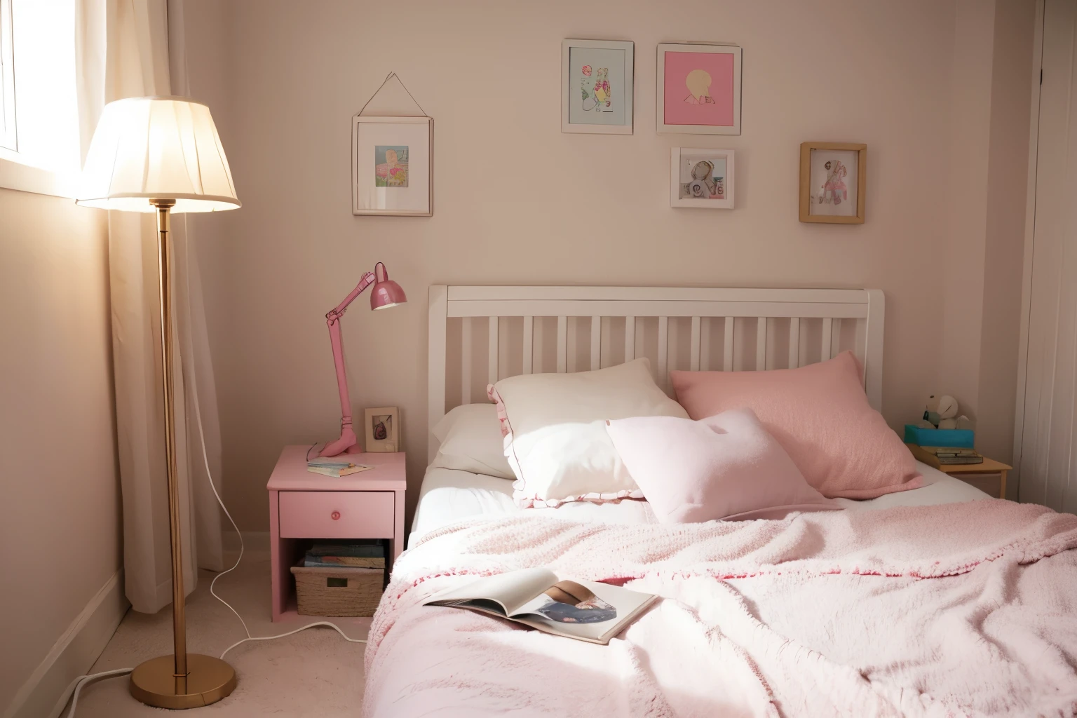 Generate a picture of a children&#39;s room，Realistic，Soft and comfortable lighting，The lamp is a spotlight