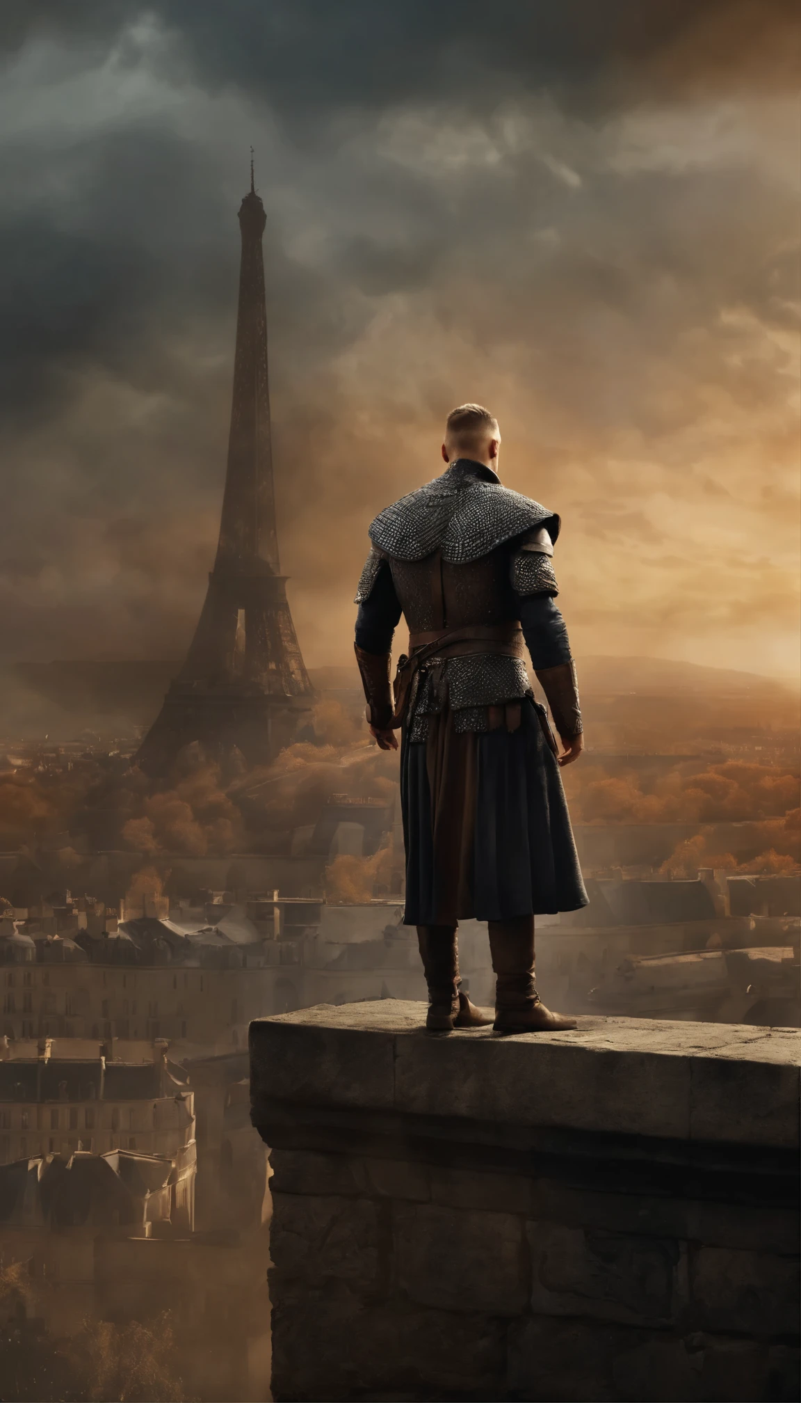 An artistic depiction of Ragnar Lothbrok standing triumphantly atop the walls of Paris after the city fell, showcasing the ultimate success of his daring plan.