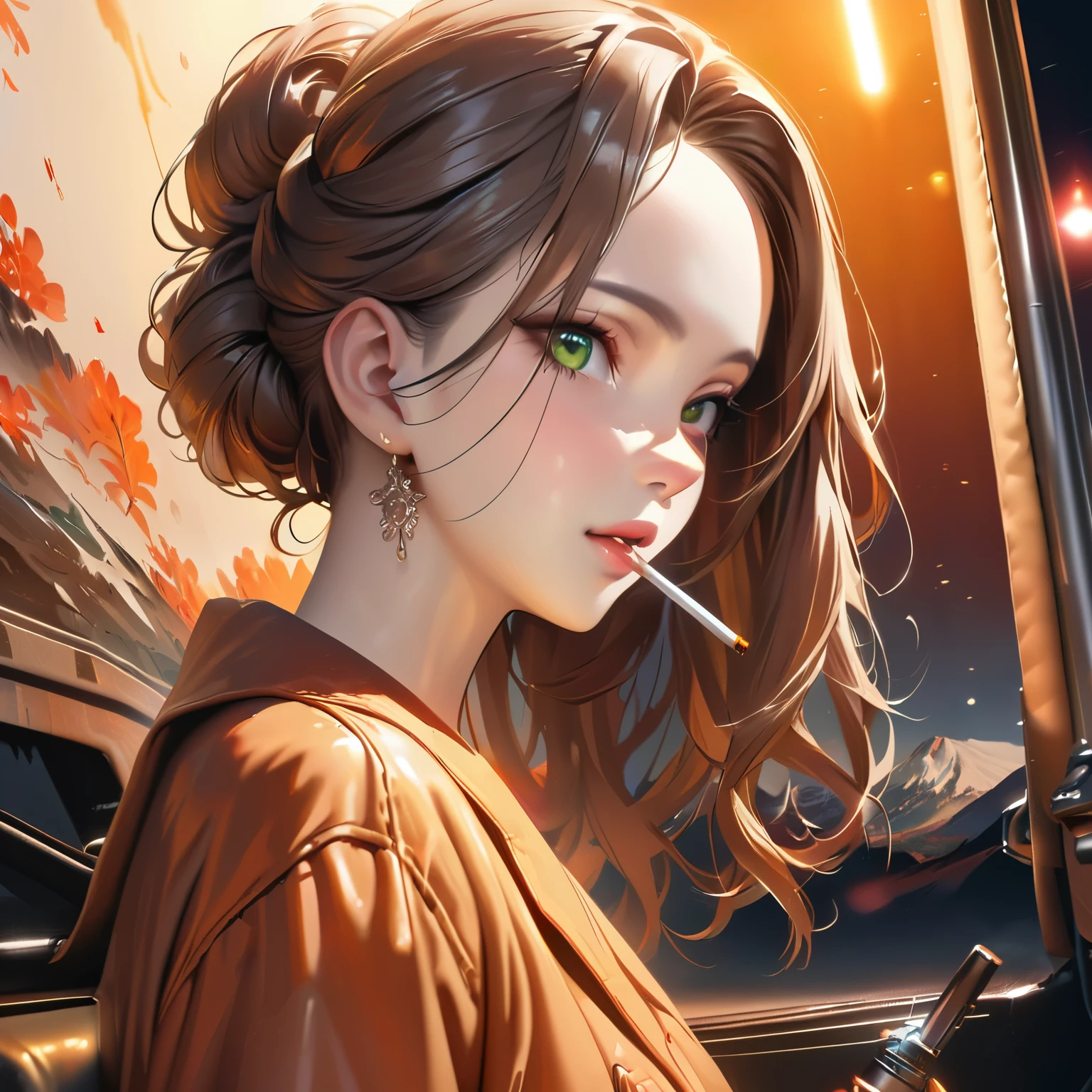 (best quality,8k,highres, masterpiece:1.2), ultra-detailed, realistic:1.37, HDR, UHD, studio lighting, ultra-fine painting, sharp focus, physically-based rendering, extreme detail description, professional, vivid colors, bokeh, portraits, concept artists, warm color palette, dramatic lighting,(shiny hair:1.4),1 woman,beautiful face,beautiful green eyes,beautiful updo hairstyle,standing in front of art truck,Standing in front of a brightly decorated truck, holding a smoking cigarette in his mouth,Mt. Fuji is drawn on the bed of the truck, and flashy lights are attached to the top, bottom, left and right sides of the truck.