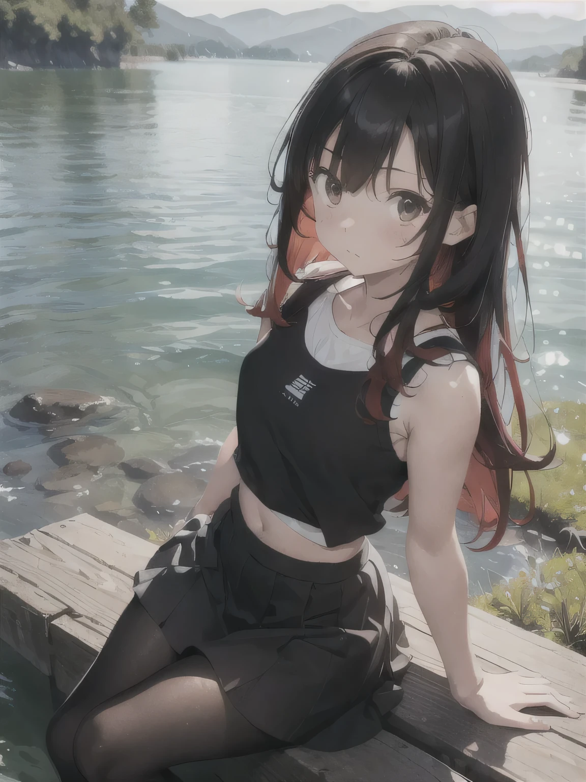 SARADA,FANTASIA,ANIME,MANGÁ,NARUTO,AÇÃO,hot, sweating, sitting on the ground, pigtails, looking at camera, facing forward, legs spread, angry, amusement park