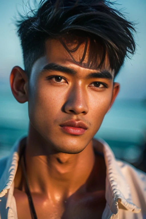 Realistic Photography, Handsome Young Thai Men ,big loose shirt ,beach , 16k resolution , ultra-high clarity , hyperrealism, uhd ,