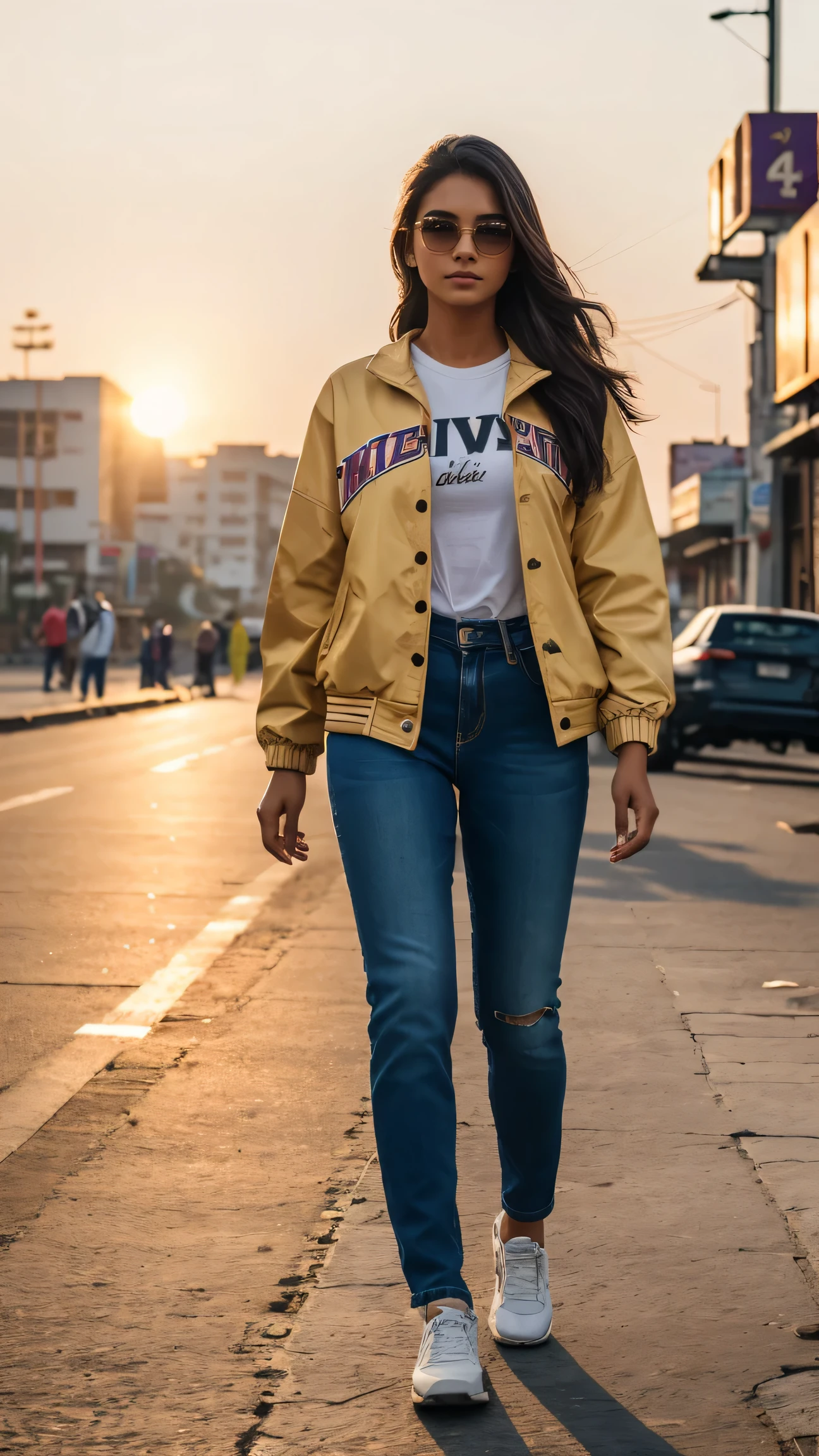 "(best quality,4k,cinematic:1.2),ultra-detailed,realistic,beautiful girl,versity jacket,oversized trending jeans,Indian city,walking casually,afternoon,photoshoot,DSLR,golden hour lighting,vibrant colors"
