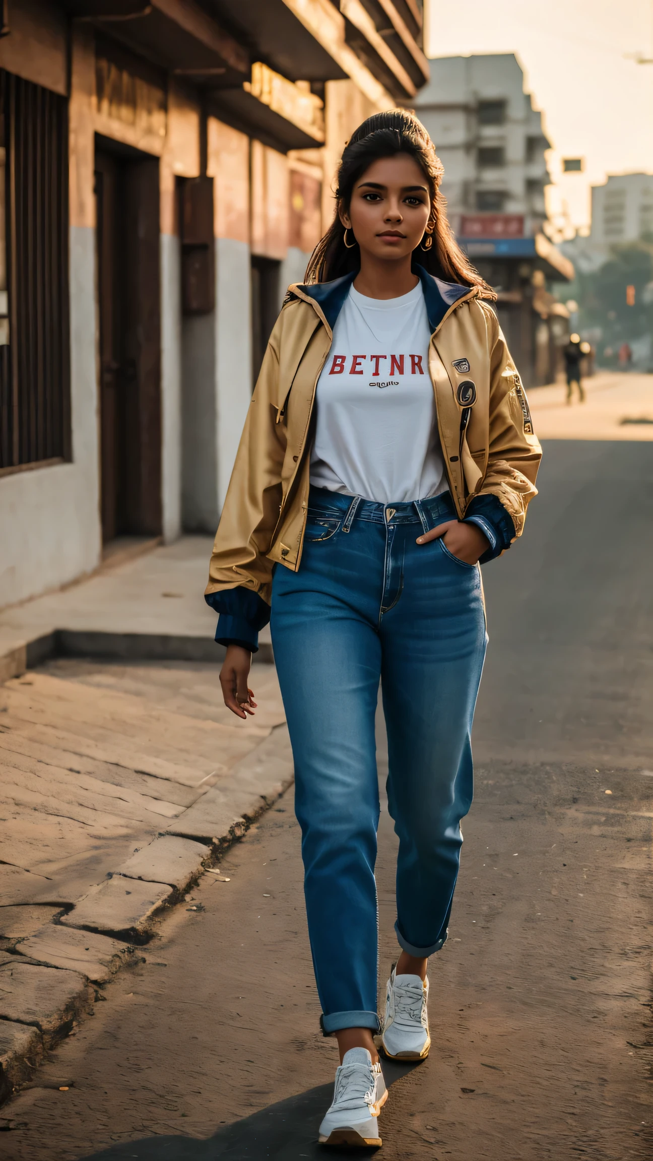 "(best quality,4k,cinematic:1.2),ultra-detailed,realistic,beautiful girl,versity jacket,oversized trending jeans,Indian city,walking casually,afternoon,photoshoot,DSLR,golden hour lighting,vibrant colors"