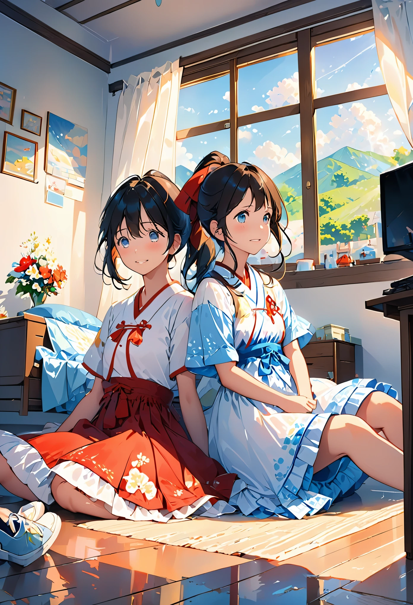ridiculous resolution, High resolution, (masterpiece: 1.4), super detailed, (((Detailed face, express in detail)), two girls, girl and girl, friends, best friends, classmate, Just relax, ponytail, Bob, sitting on floor, sit on the floor, two people talking, room background, friends, best friend, Home, 1K, small room, curtain, floor, television, table, Home居服, kyoto animation, kyoto animation的氛围, (tearful)