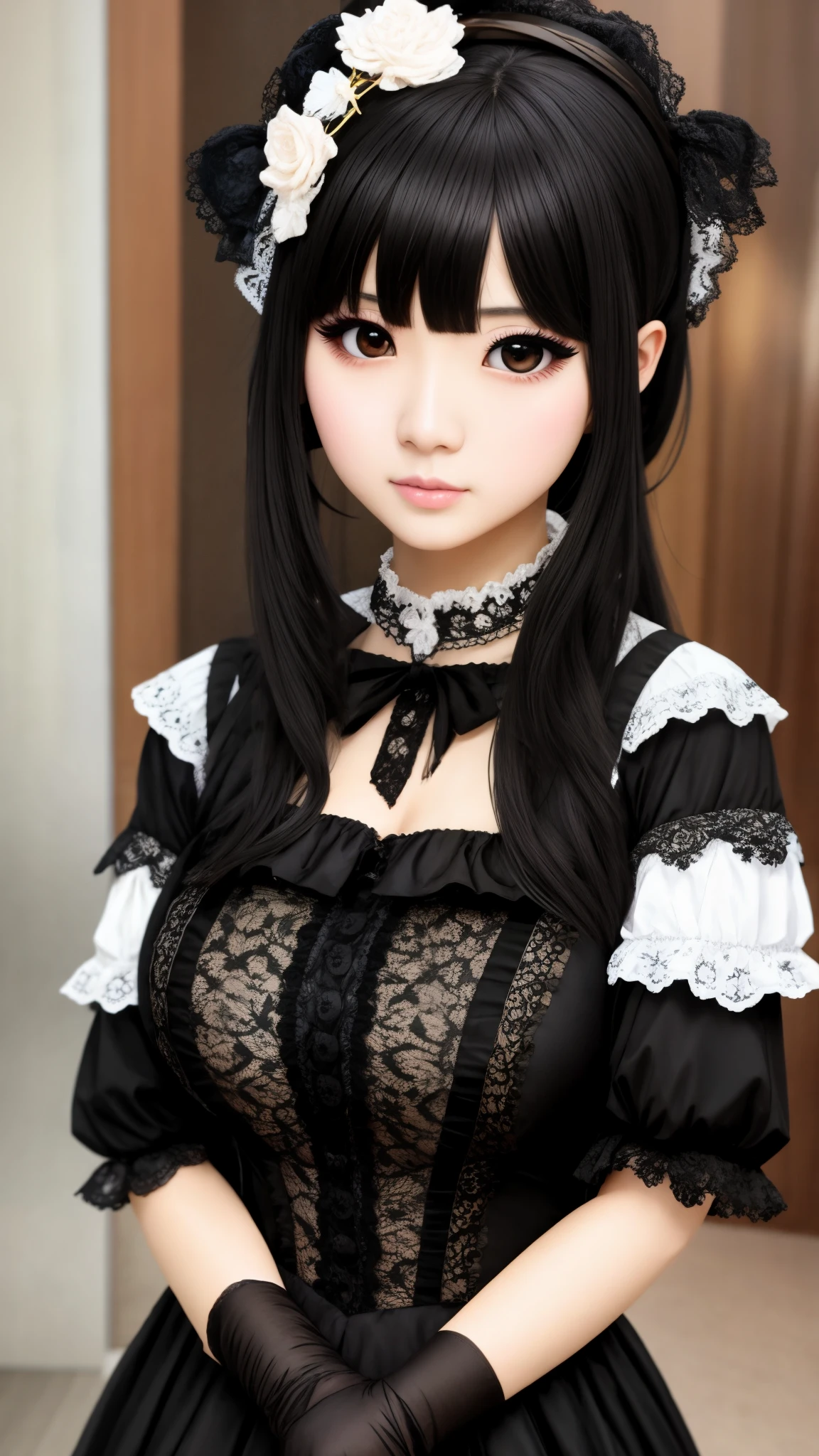 ((best quality)), ((muste piece)), (detailed face), (highlight), princess、Big breasts、blunt bangs、black hair、Gothic Lolita、