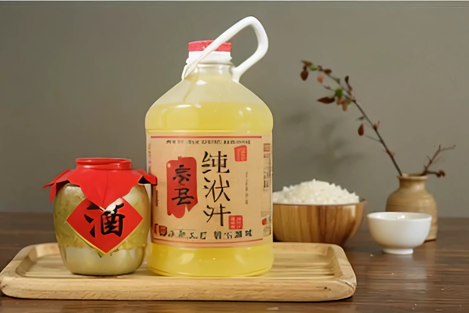 There is a bottle of liquid and a bowl of rice on the table, edible oil, daoshu, Sake, 4 liters, gujian, Wang Chen, Hungry Ghost Festival, qiangshu, su fu, Chiba Yudai, 8 liters, 8 liters