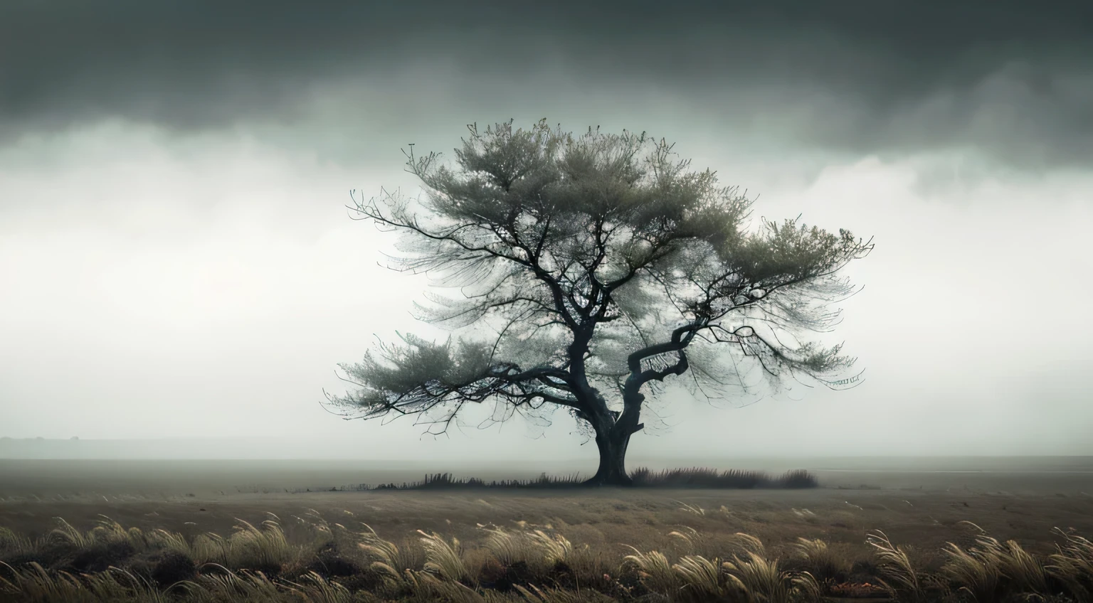 arafed tree in a field with a foggy sky, tree, fog mads berg, fog, landscape photo, delicate fog, breath-taking beautiful trees, breath - taking beautiful trees, shrouded in fog, misty mood, award winning nature photograph, by Darek Zabrocki, under a gray foggy sky, foggy mood, landscape photography