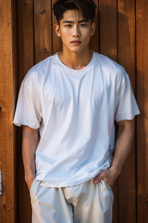 Realistic Photography, Handsome Young Thai Men ,big loose shirt ,beach , 16k resolution , ultra-high clarity , hyperrealism, uhd , (bare thighs ) , full length shot , big hips , big thighs , big bulge , eroticism