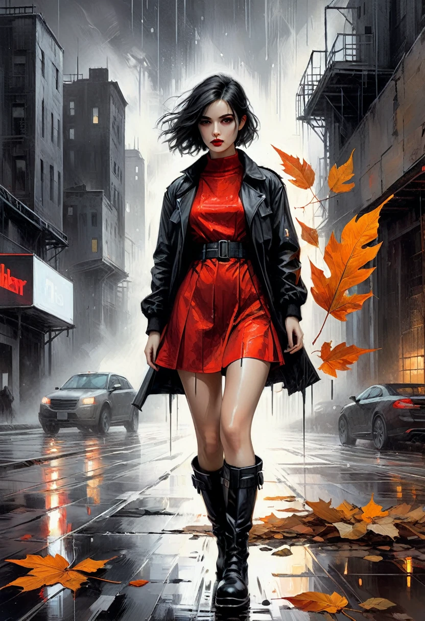 fluorescent horizon, color field painting, sense of depth and intrigue, digital brushstrokes,
A striking cinematic conceptual art piece featuring a cyberpunk girl with a thoughtful or decisive expression. She wears a red short dress, mesh high socks, and black boots, as she walks in the rain amidst a mixture of organic and gritty elements. The foreground focuses on her face, slightly shifted to the right, with her dark eyes and light-colored lips. Her loose, dark hair flows towards the left side of the canvas. The chaotic background is a montage of abstract textures and sepia-toned monochrome, reminiscent of a time-worn city wall. A single autumn leaf in the lower left corner symbolizes change or loneliness. The composition is anchored by the word "DETERMINATION" in bold, clean font., conceptual art, cinematic
Art by Giovanni Boldini, Bastien Lecouf-Degarme, Carn Griffiths, E. Abramzon, Raphael, Caravaggio, Coby Whitmore, Titian, Leonardo da Vinci,