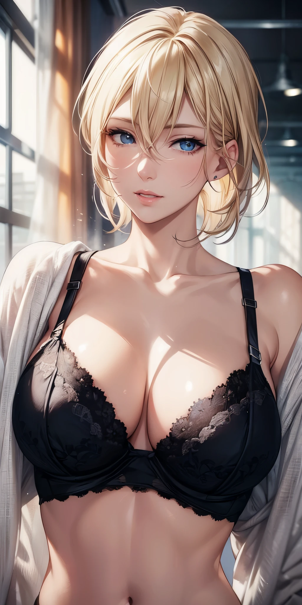 portrait, realistic, elegant mature woman, blue eyes, blonde hair, 4k resolution, ultra detailed cg, beautiful cg, soft light