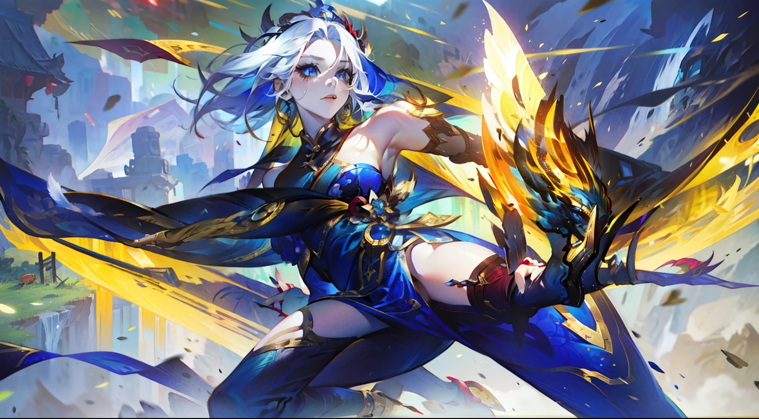 Close-up of woman in blue and yellow dress, Inspiration from Leng Mei, Irelia, Knight of the Zodiac, Whole Xianxia, extremely detailed RTM germs, Depends on model | RTM germs, Ayaka Genshin Impact, mobile legend, Keqing from Genshin Impact, Bad posture, female sigma, Ayaka Genshin Impact Game, 18+