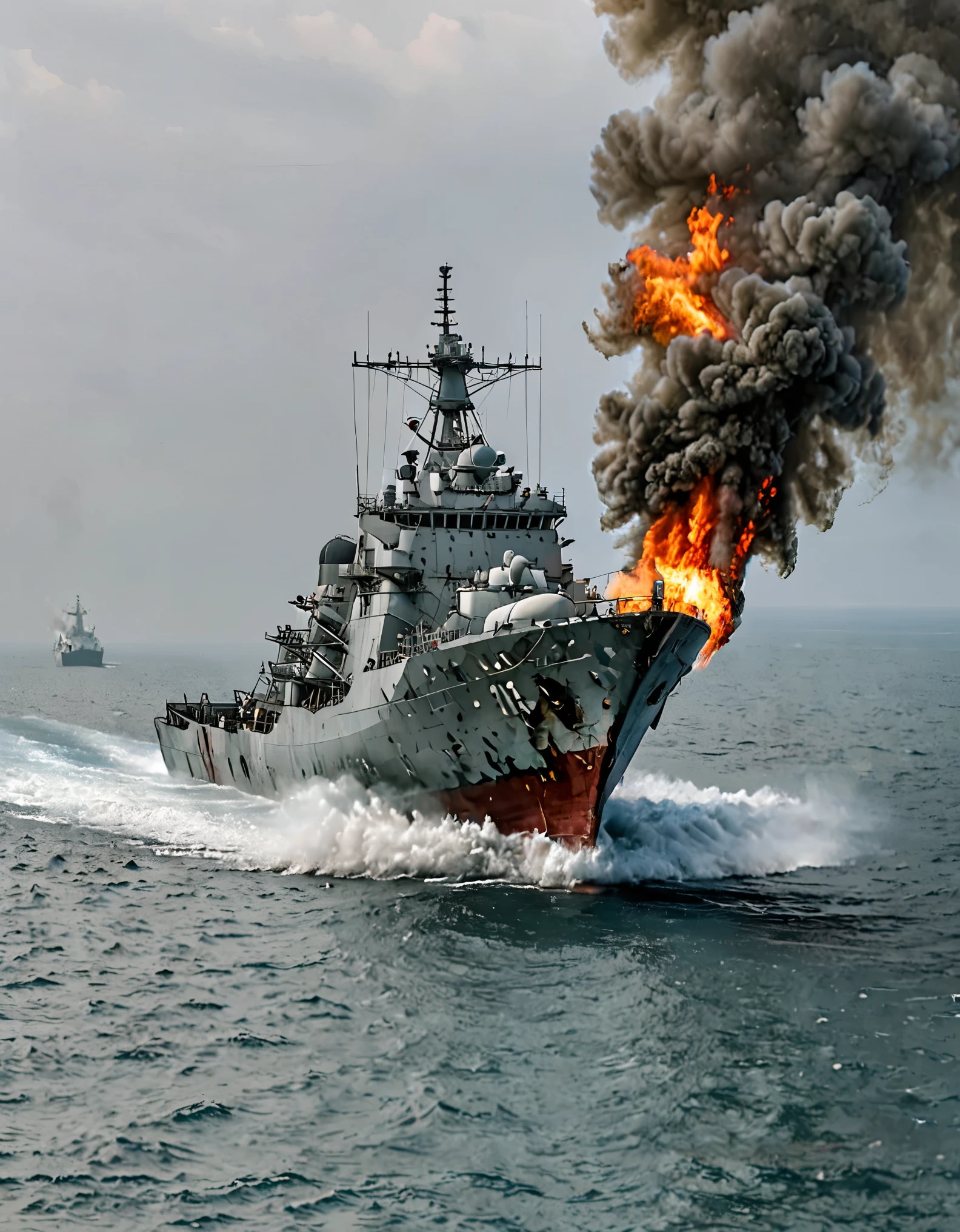 (ral-dissolution:1.4), photograph of a modern military cruiser in the middle of a calm sea, fire on the cruiser, he is shipwrecked