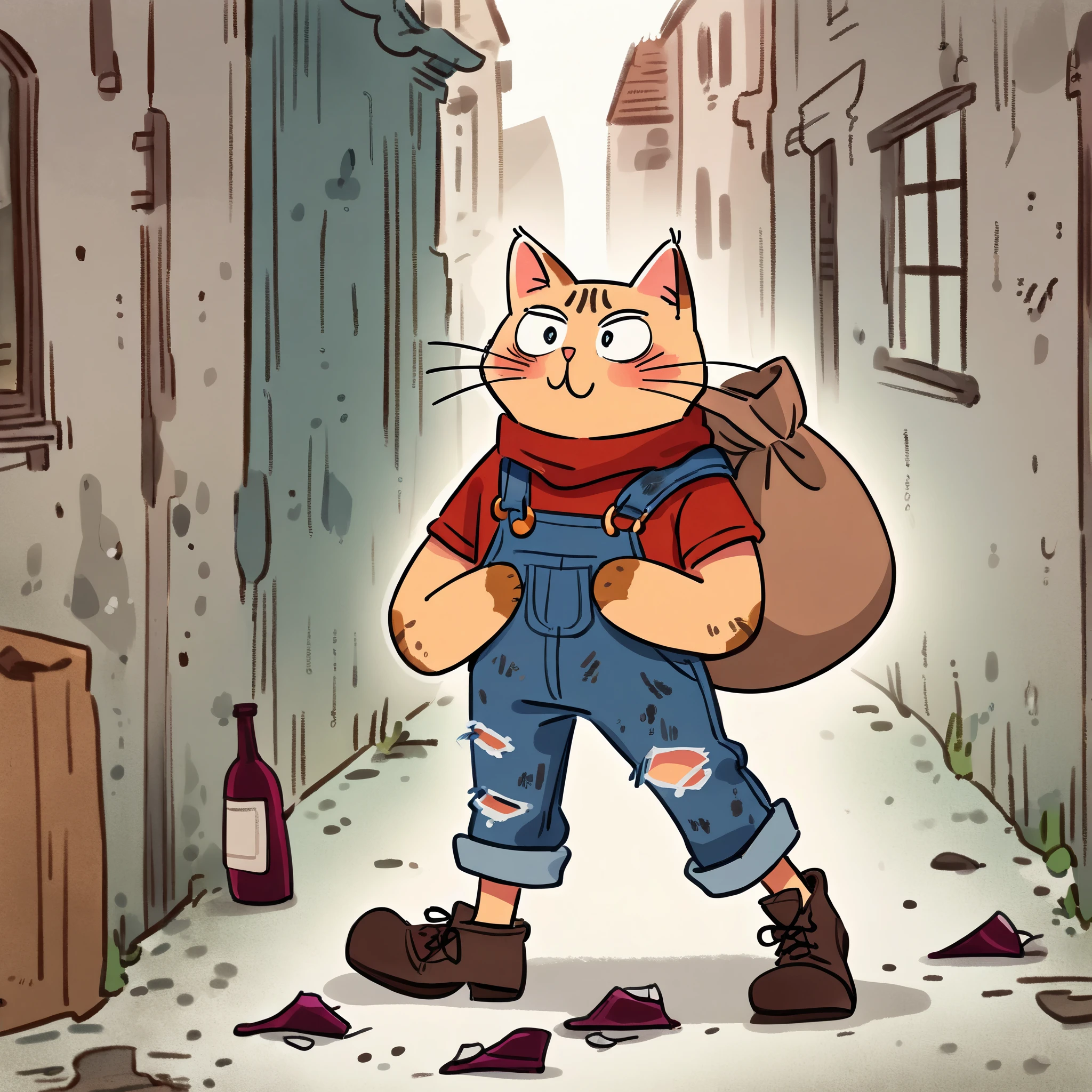 cartoon illustration，simple，Depicting an anthropomorphic cat，Dirty，eyes dull，Listless，Malaise，decadent，exaggerated expression，Loose ripped denim ripped overalls overalls，red top，Tattered leather shoes，Carrying a big bag behind him，walking in abandoned streets，Many broken wine bottles around，Dirty environment，Correct human anatomy