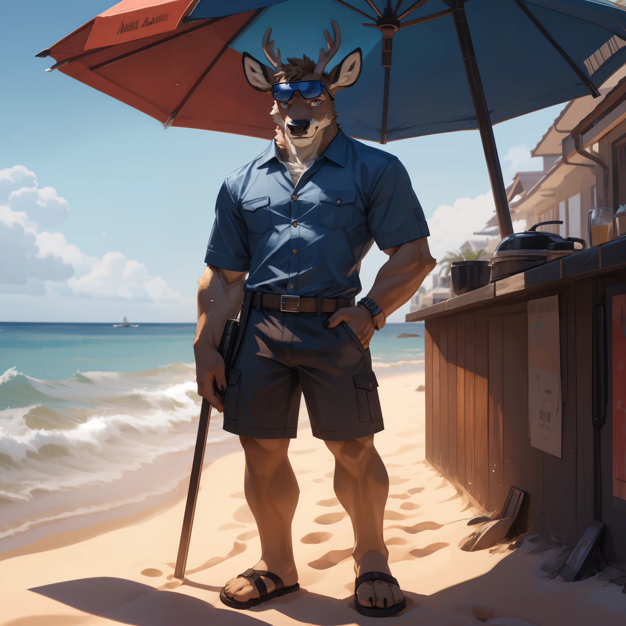 Best quality, masterpiece,ultra high res,detailed background,realistic, real shadow and light,depth of field, looking at the viewer, rising hand pose, Beach, strong arm and veins, male, teenage, 20years, deer furry, Deer, Open Hawaiian shirts, mature, shorts, crotch bulge, Sexybody, innocent face, muscular, at the beach, sunglasses, sea, sandals.
