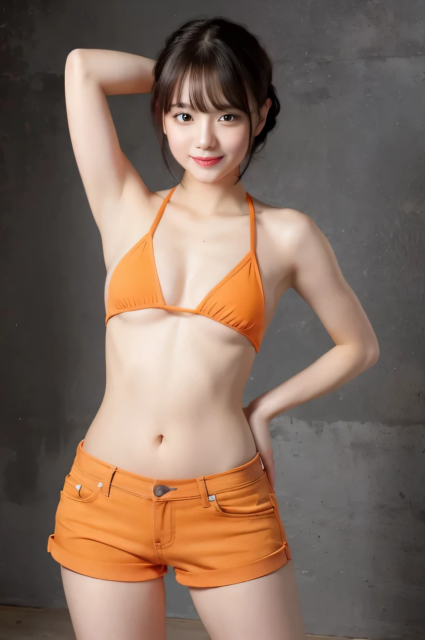 The beauty of 8K raw photos:2.0, short hair, 18 years old, great face and dark eyes, looking at the viewer, smile full of joy:1.6, stick out tongue, show your tongue, dynamic pose, spread leg, tiny top, (orange tops, denim shorts:1.2), shinny skin, realistic:1.9, very detailed, High resolution RAW color photos, professional photos, Taken at the studio, plain wallpaper, girl sexy portrait