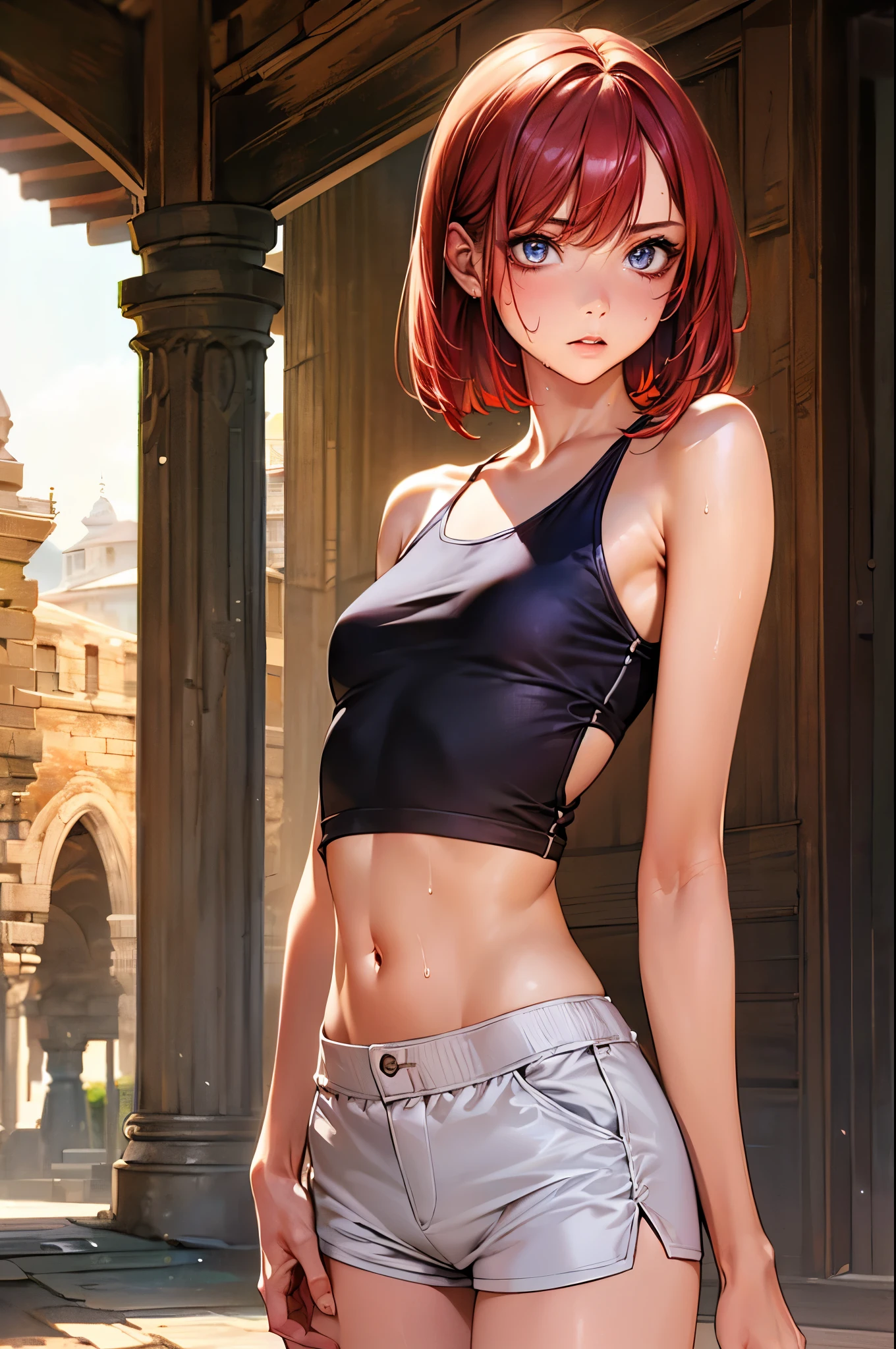 ((perfect anatomy:1.2,realistic,:1.3,RAW Photography:1.3,masterpiece、highest quality、Ultra - High resolution、High resolution、Highly detailed CG、8K)),nsfw,cowboy shot,1 female,alone,20-year-old,beauty of japan,beautiful detailed face and eyes,big and gorgeous eyes,gray eyes,(red hair,short bob hair,bangs), (slender body,small head:1.4, skinny、small breasts), glowing skin,oily skin,sweat,(white tanktop,crop top、navel、sweat shorts),standing,ancient city、fantasy,medieval europe、natural sunlight、
