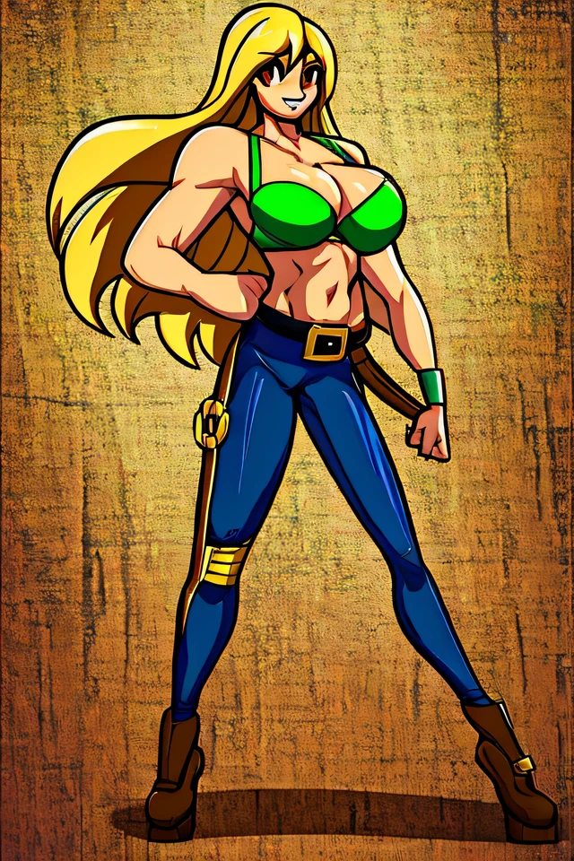  Tall woman with large breasts and brown eyes and long chrome yellow hair wearing a single green bra and long denim pants underneath and wearing a black belt and a green heel..