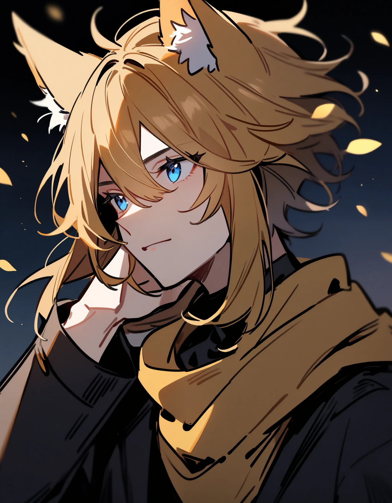1 boy, Golden hair with a hint of black，blue eyes，fox ears，black coat，Golden scarf