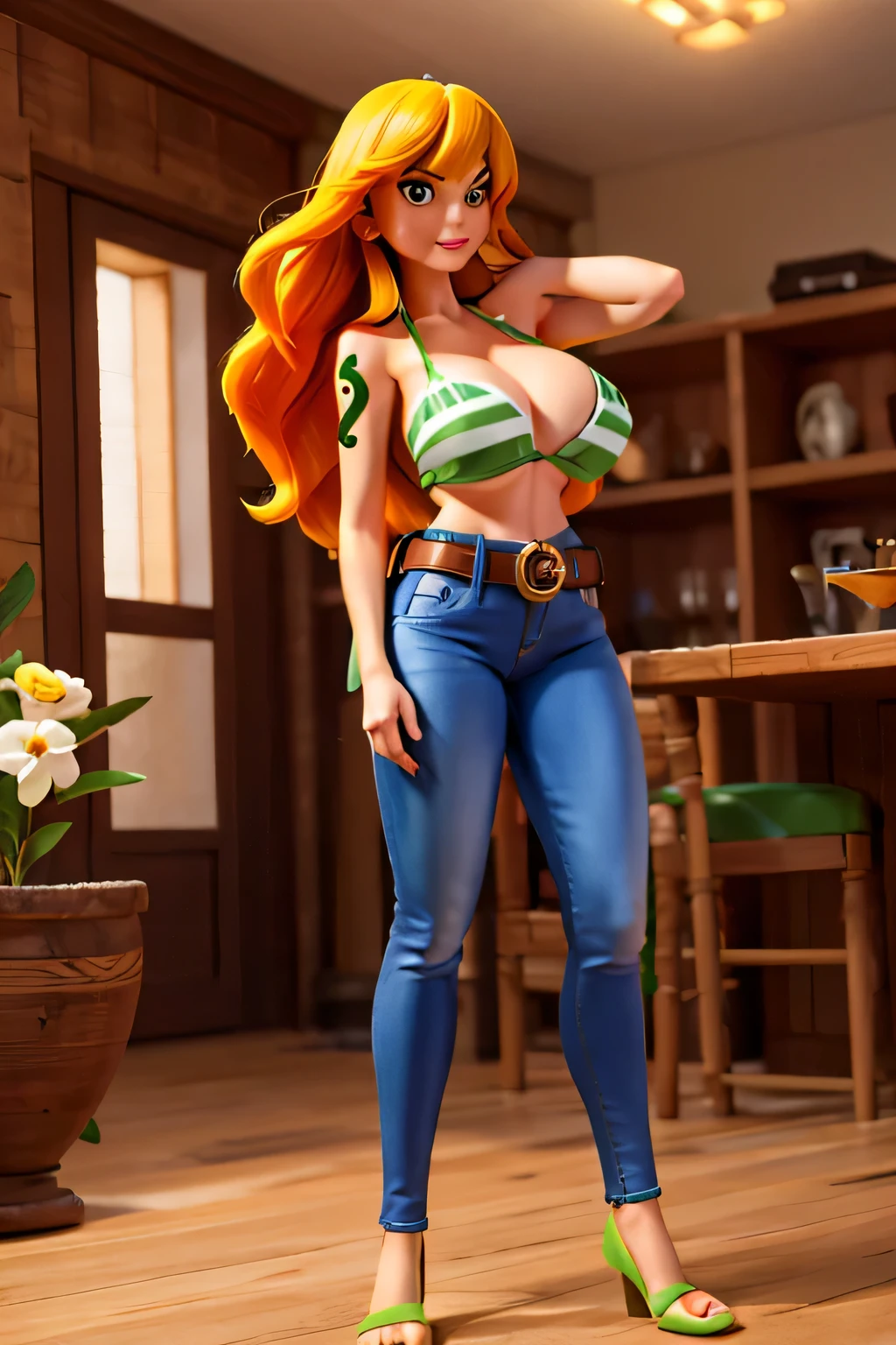  Tall woman with large breasts and brown eyes and long chrome yellow hair wearing a single green bra and long denim pants underneath and wearing a black belt and a green heel..