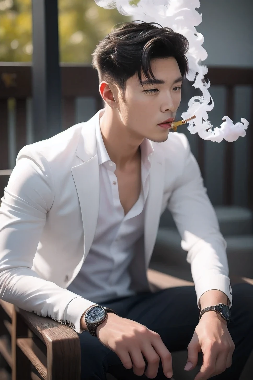 Handsome asian man smoking cigarette