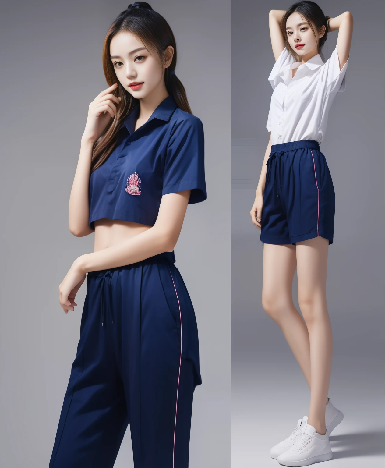 (best quality,10,10,height,Masterpiece:1.2),Special details,(realistic,ภาพrealistic,Realistic photos:1.37),1 Cute girl in the kitchen,shiny, ผิวshiny,only,smile softly,BDclothelue shirt:1.3)),short sleeve,shirt, กางเกงขาlong.,(navy_long_track pants:1.1), ((Kitchen Background)),Dynamic angle,excited,Face focus,dynamic poses,from behind,focus on ass,Masterpiece, best quality, ultra realistic, Too many details, 8k resolution, raw photos, Sharp focus, ((Navy blue shirt:1.1)), short sleeve, เส้นทางlong, perfect body, 2 mature women, 18 years old, Cinema-grade lighting system,blue sweatpants,shirtผ้าออกกำลังกาย,correct anatomy,perfect body, correct body, Sharp face, correct bodyทางกายวิภาค, full body, realistic gestures, long-haired, realistic poses,Wear long shorts...........................,ช่วงขาlong,Good shape,carved girl, Slender figure, model, Good shape, beautiful body,blue sweatpants, two girls kissing