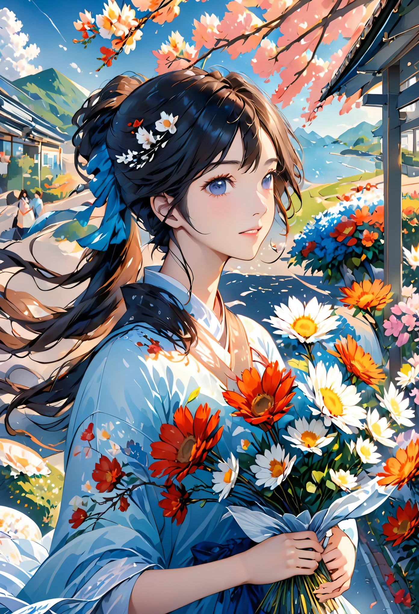 Close-up of a woman holding a vase of flowers, There are flowers, magazine photo, author：Ayami Kojima, official artwork, jinyoung shin, There are frozen flowers around her, author：unbelievable, Dilireba, Minami Zaiwa, first wave, Huang Shishi, Mackenzie Foy, author：Zhang Han, Parking distance - minutes, by Jin Nong