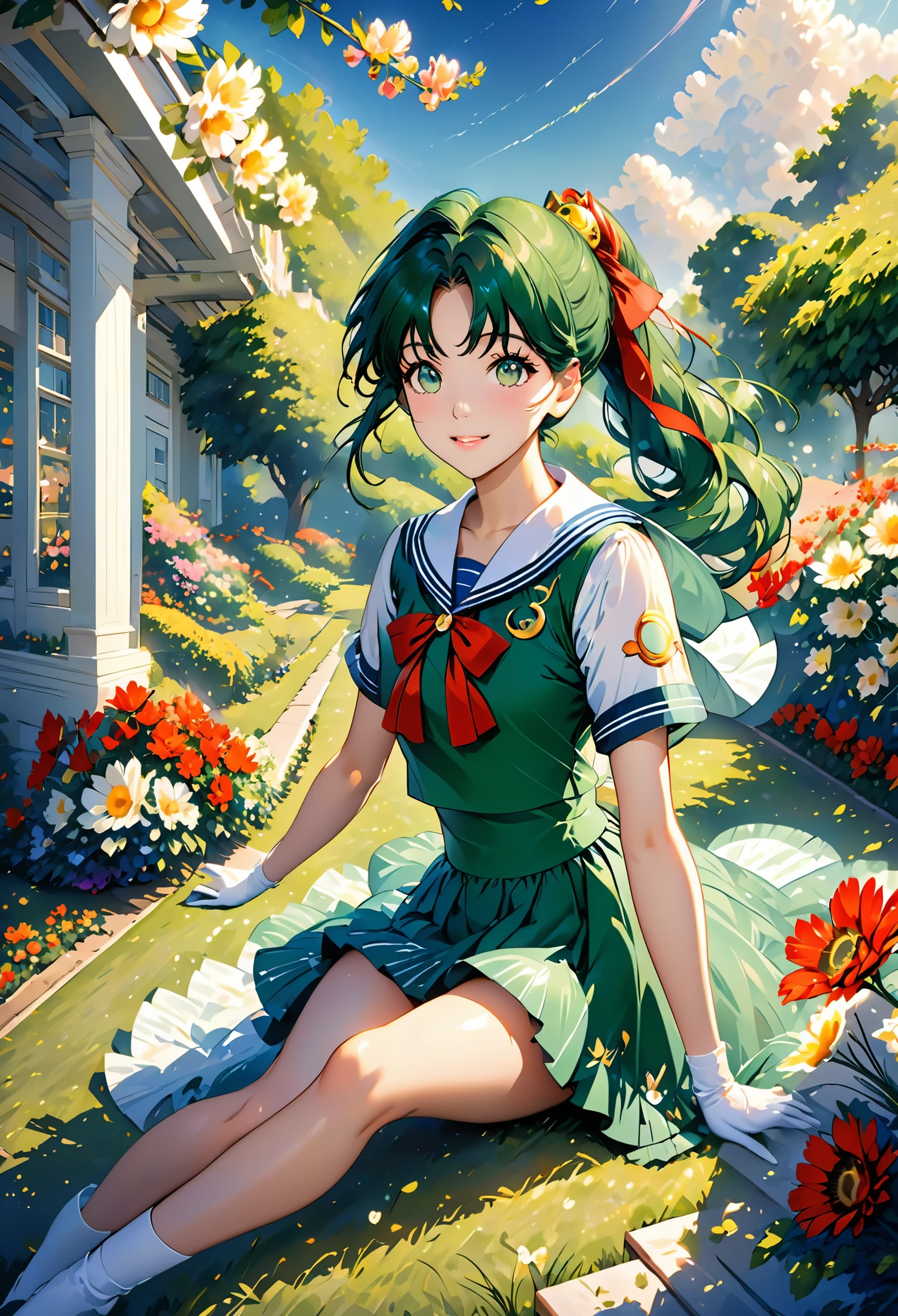 (Extremely detailed CG Unity 8K wallpaper, masterpiece, best quality), (Exquisite light and shadow, Very dramatic picture, Lens effects), (Sailor Moon: 1.4), Exquisite facial features, charming smile, starry eyes, ((dark green hair)), Tight tops, White gloves, mini skirt, dynamic poses, lying in the garden), (A garden full of flowers in the background) (Excellent details, Excellent lighting, wide angle), (Excellent rendering, enough to be proud of its kind),