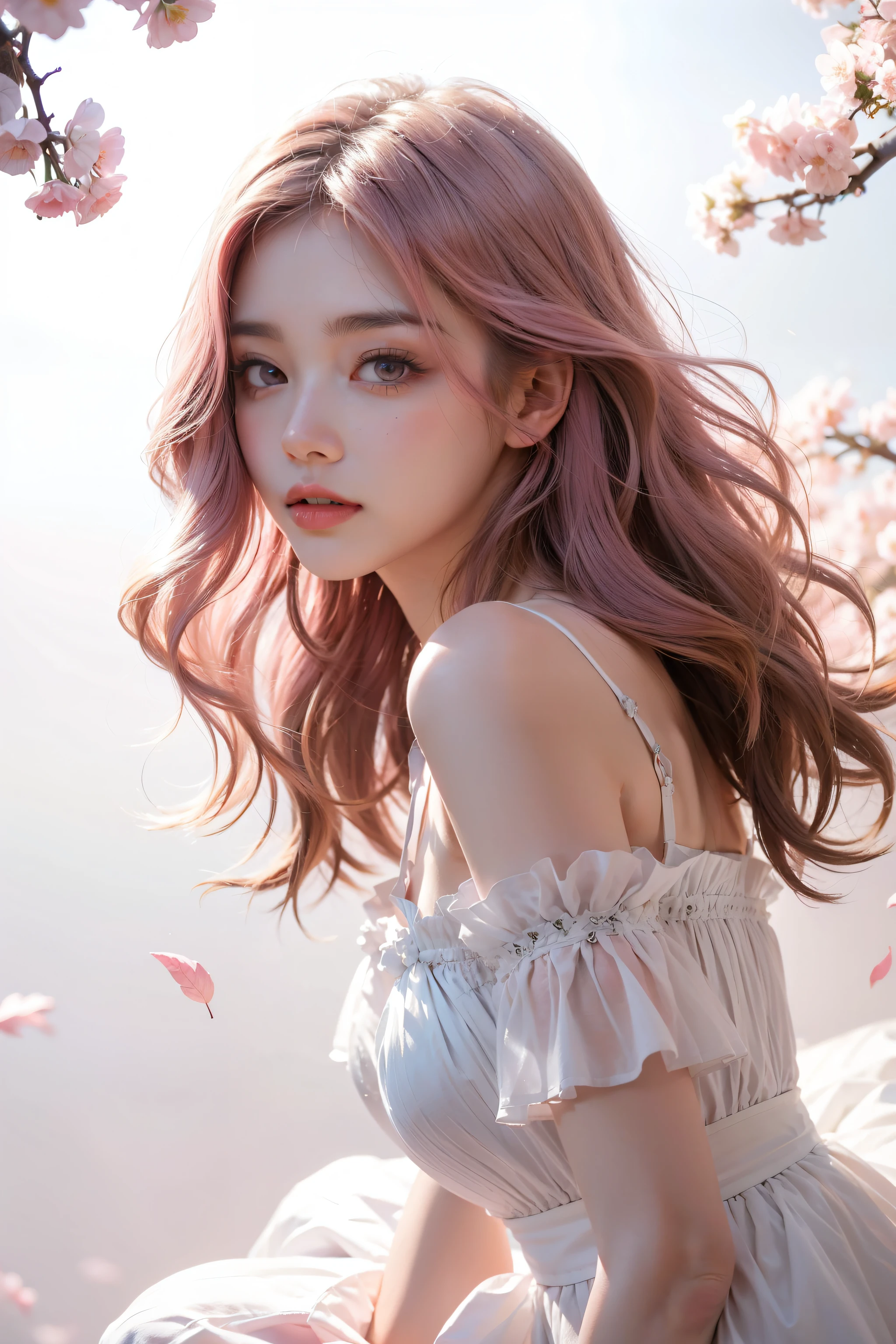 Light pink hair, pink eyes, pink and white, sakura leafs, vivid colors, white dress, paint splash, simple background, ray tracing, wavy hair