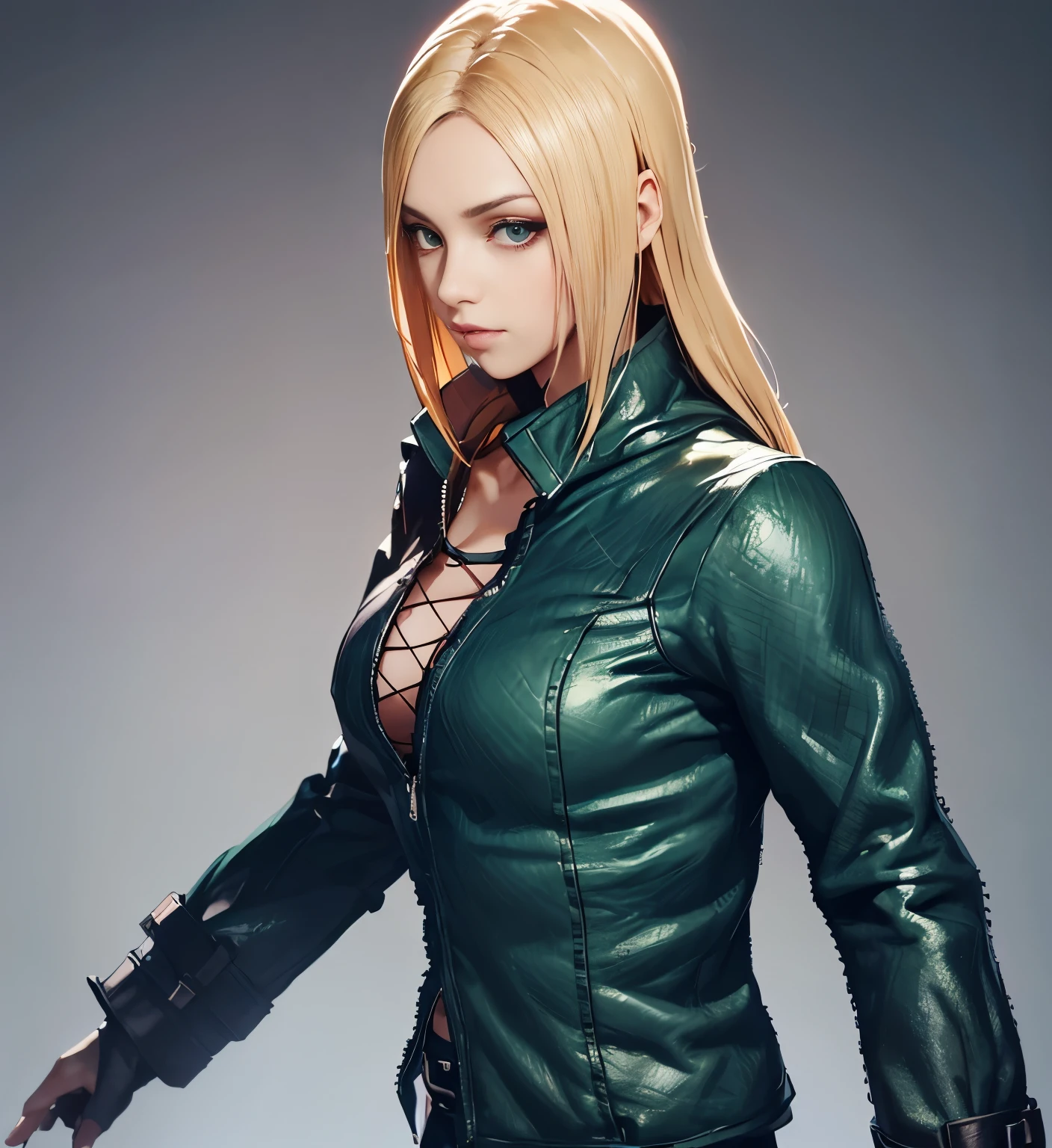 blonde、Korean、green leather coat、high resolution、4k