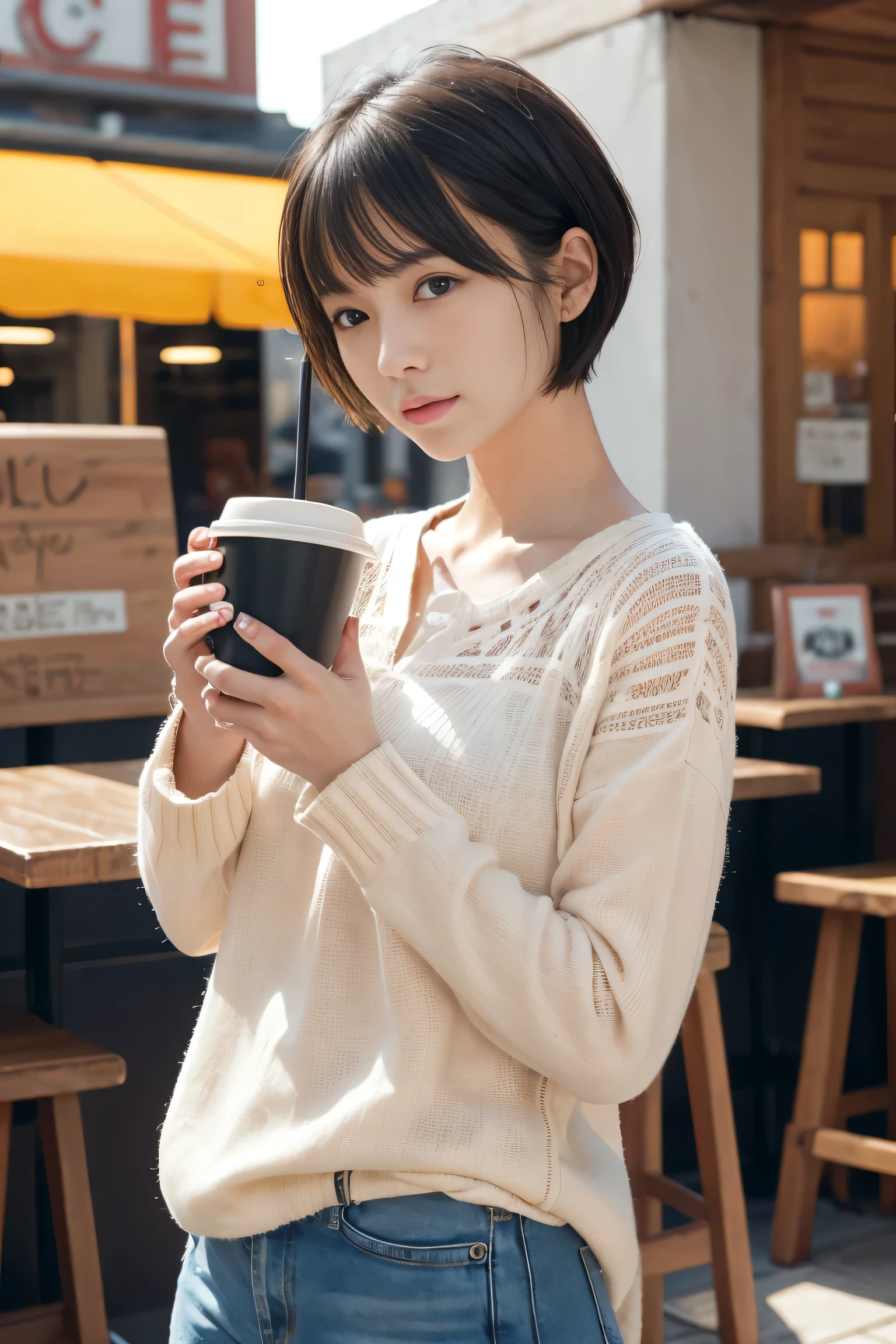 (highest quality, High resolution, Super detailed:1.2), (realistic, photorealistic, photo-realistic:1.37), (thin:1.2), because I&#39;thin, small breasts, woman, (black pixie cut:1.2), (dull bangs),  Cafe,Cafeの椅子にすわる, morning,drink coffee, Moody, Shot from bottom left, (skinny:1.0),Add irregular prints and patterns,  clothing、Rough style,spring clothes