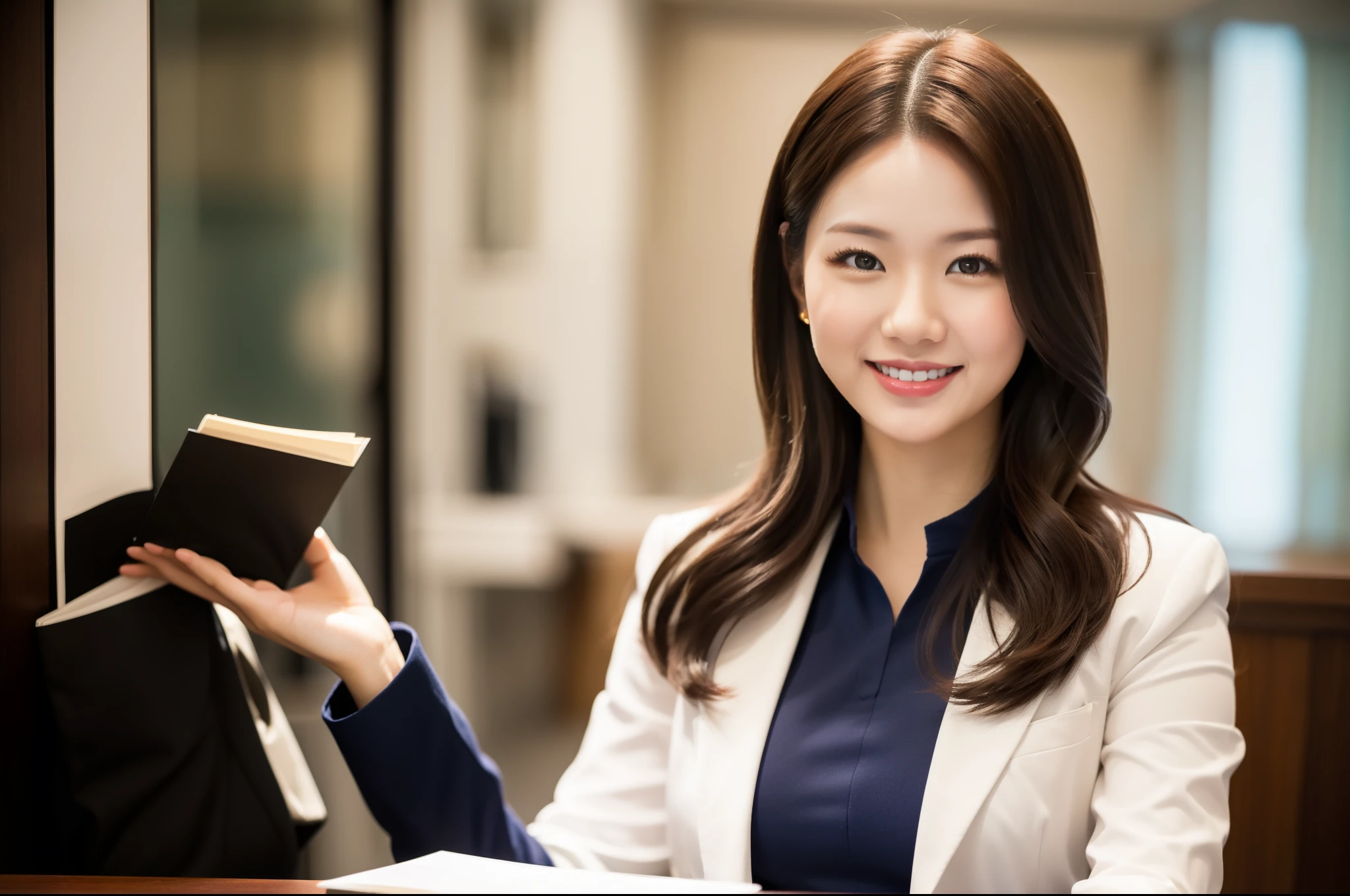 There is a woman in the room holding out her hand.., asian young business woman,  smile, bright professional photos, woman wearing a business suit,