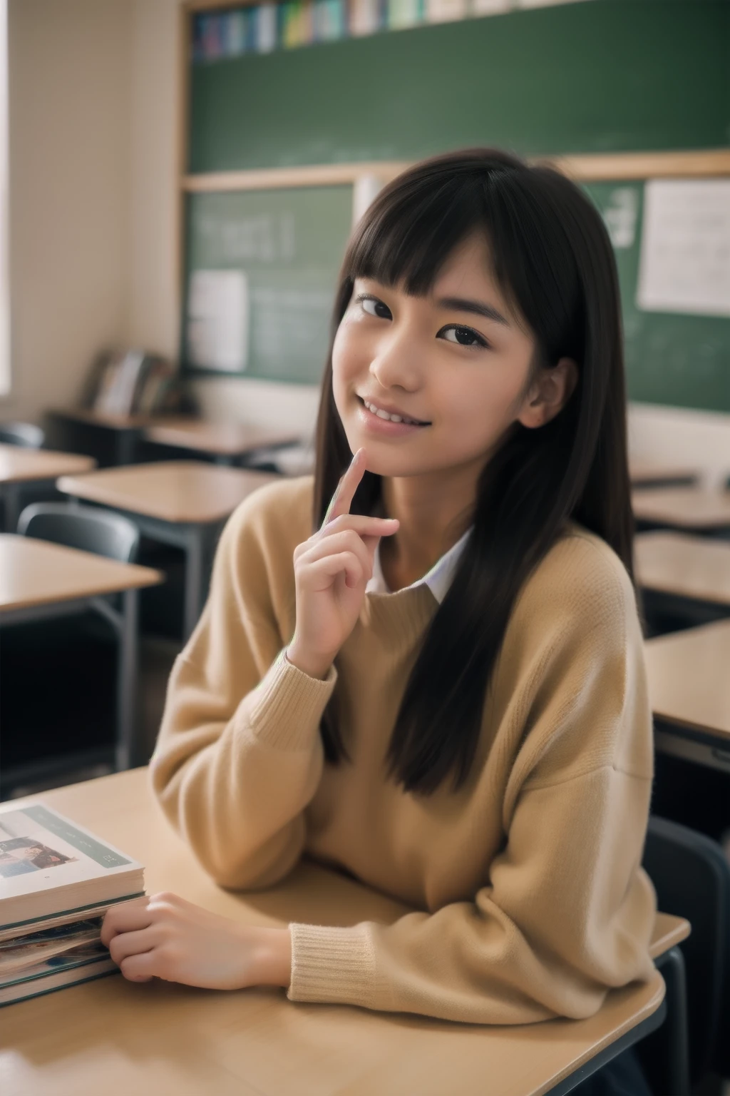 (highest quality),(Fisheye:1.1),,Japanese high school girl with a playful expression, Lean your body toward the camera as if you are having a conversation. her young々The new hairstyle includes blonde tones.、He looks like a typical Japanese person wearing a baggy sweater.。. she has almond shaped eyes, Provides an attractive look and parallel eyebrows. (A girl studying with books spread out on the desk:1.2), The background features a school classroom with desks, Chair, and blackboard.