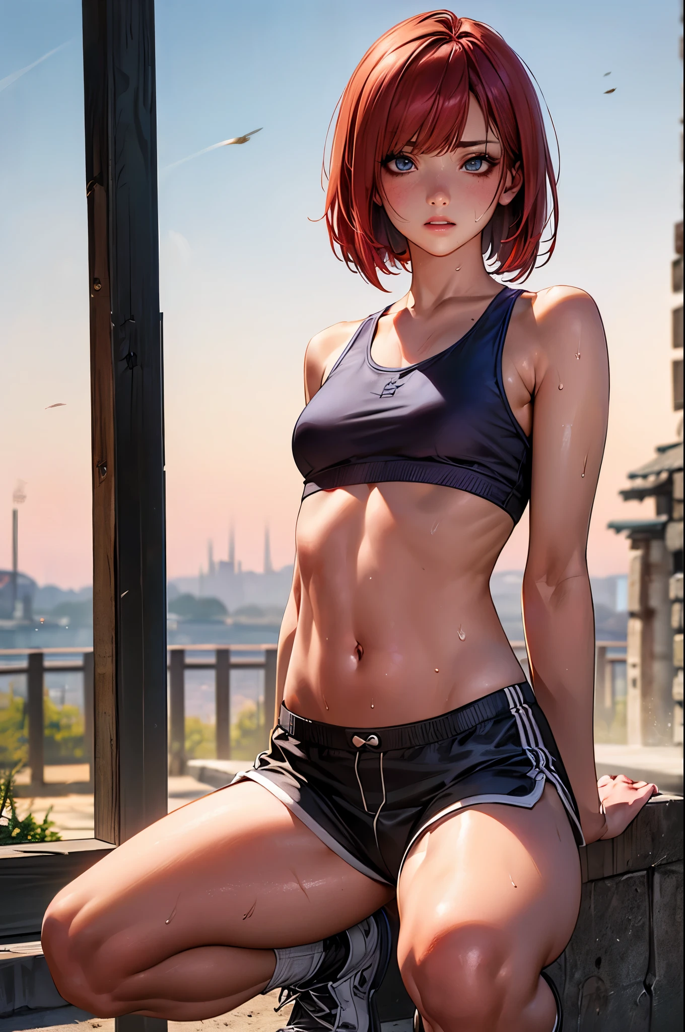 ((perfect ???????:1.2,realistic,:1.3,RAW Photography:1.3,masterpiece、highest quality、Ultra - High resolution、High resolution、Highly detailed CG、8K)),????,cowboy shot,1 female,alone,20-year-old,beauty of japan,beautiful detailed face and eyes,big and gorgeous eyes,gray eyes,(red hair,short bob hair,bangs), (slender body,small head:1.4, skinny、small ???????), glowing skin,oily skin,sweat:1.3,(white tanktop,crop top、navel、sweat shorts),squatting,ancient city、fantasy,medieval europe、natural sunlight、