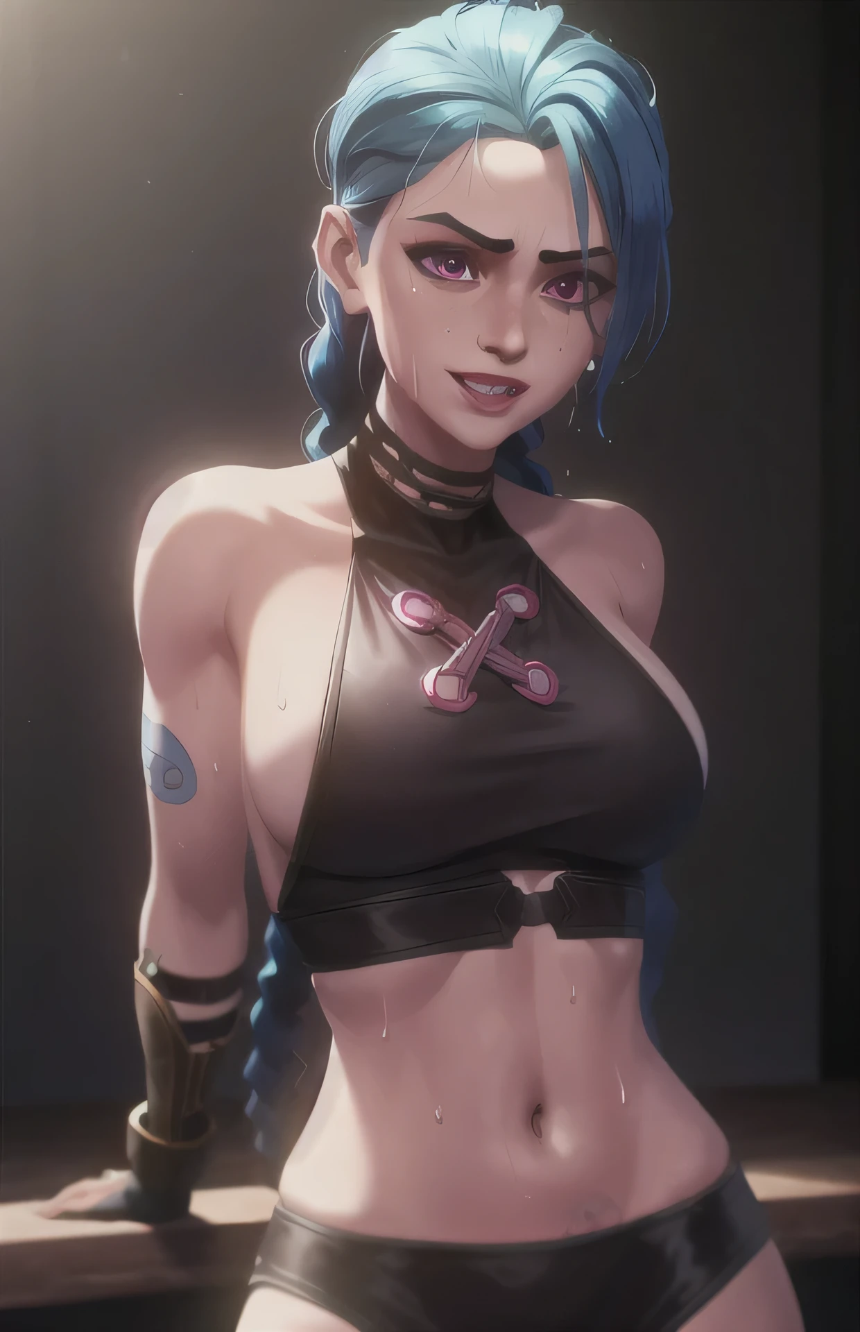 arcane style, 1 girl, tattoo on the arm, asymmetrical bangs, bangs, blue hair, braid, muscular with a deep v, look at the viewer, seductive smile, flirtatious, licking lips, saliva, drops of saliva ,( night, room with a sexual moment)) ,green hair, long hair, stomach, ((long tits)), semi-naked, wet, sweaty, sweat drops, erect zenos, pink eyes, red lips,  Super Fine Trikini, Almost Naked, Super Detail, Solo, Sexy Pose, Tattoo, Twin Braids, Upper Body, Arcane Curse, Curse (League of Legends\)