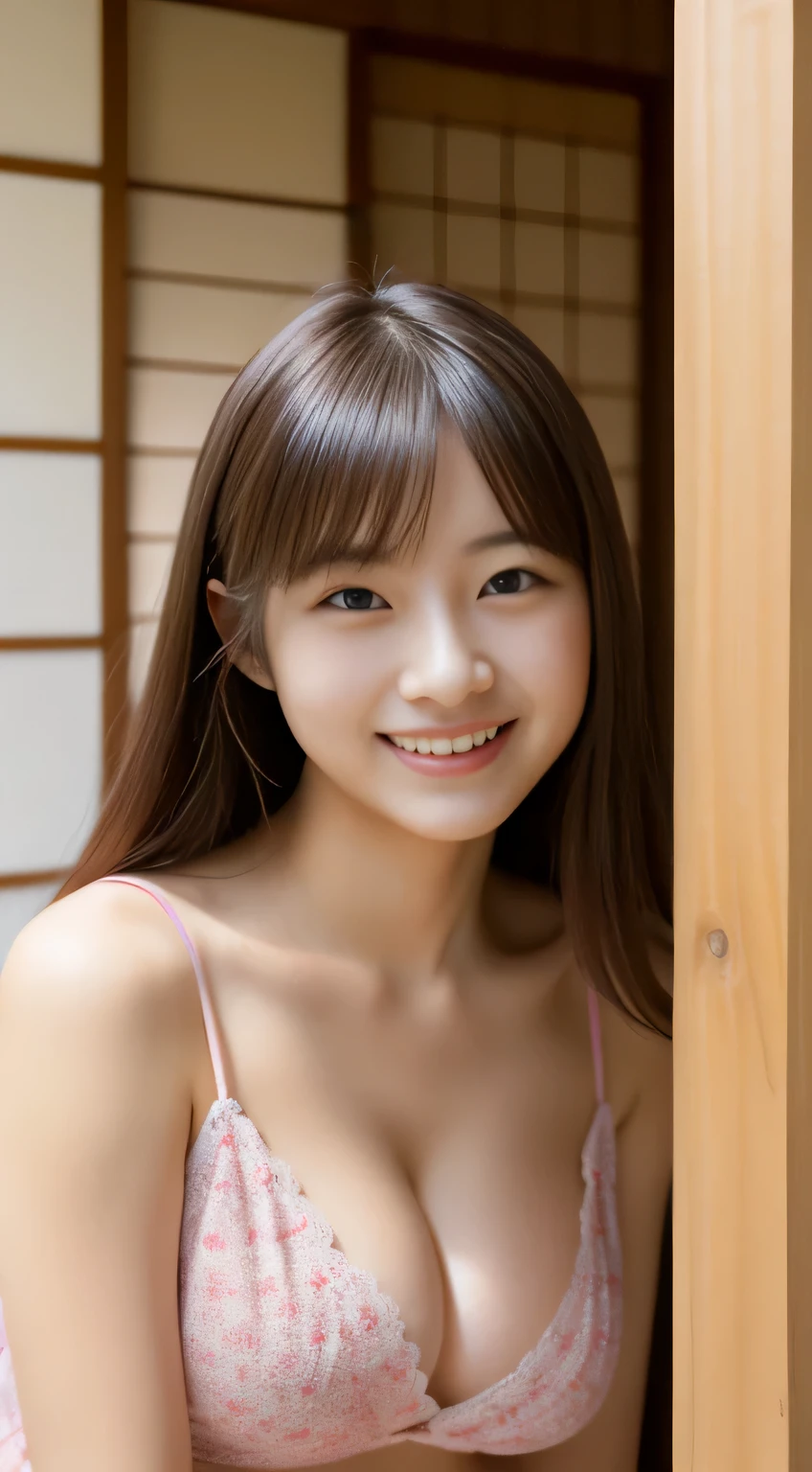 masterpiece,best quality,(Japanese ),((Beautiful girl)),cleavage,indoor,(perfect body beauty:1.2),(shy smile),beautiful teeth,