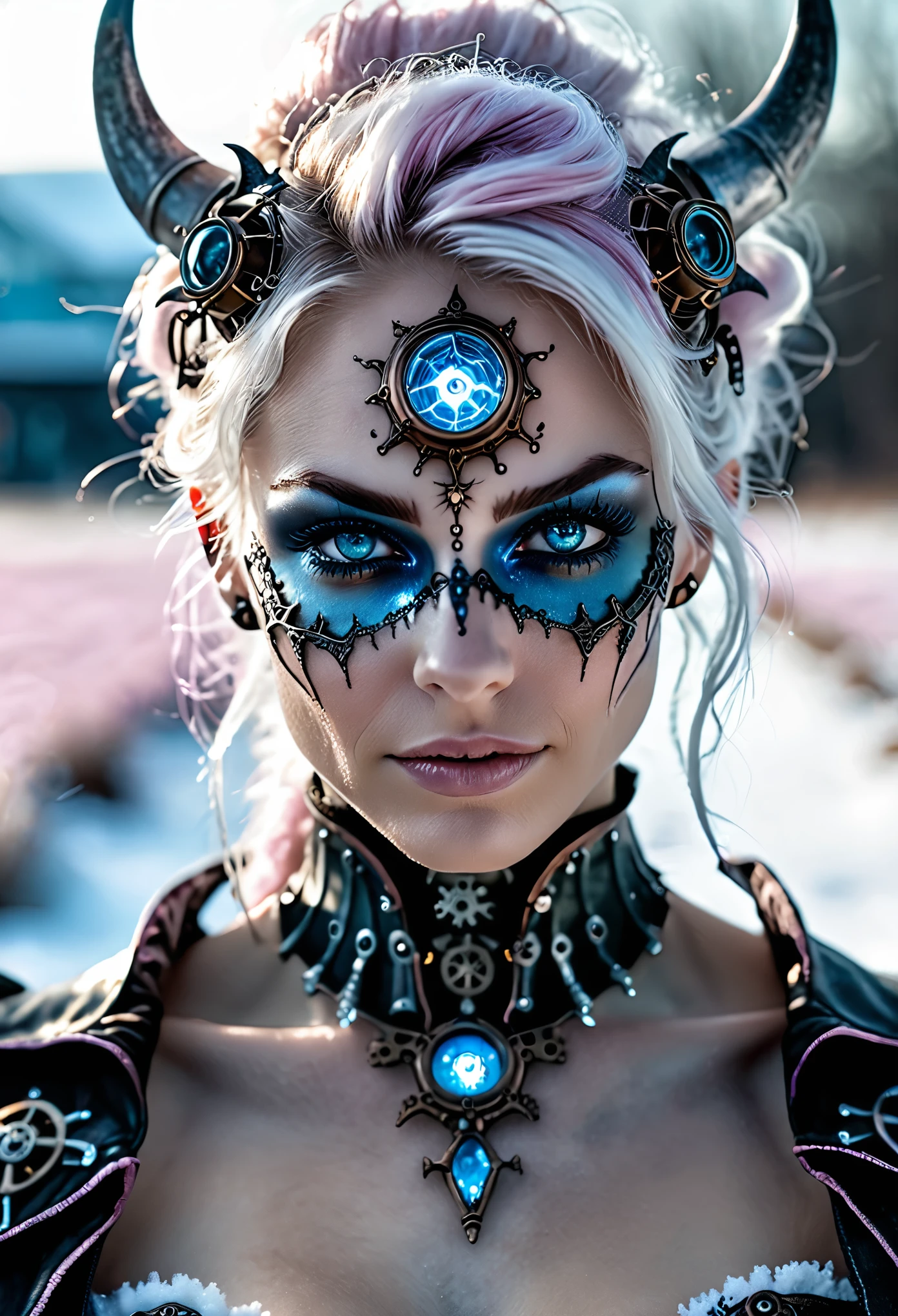 photo shot on Nikon D850, 16k, masterpiece, Detailed, breathtaking, atmospheric perspective, diffusion, natural skin texture, DSLR, 80mm Sigma f2, depth of field, film grain, intricate natural lighting,  full length photo of beautiful steampunk demon with icy blue and white lighting standing in icy field, topless, light grey and pink, energy-filled illustrations, extremely sexy, detailed face and eyes, no makeup, little smiling, highly detailed, dark fantasy aura,  faded colours. 