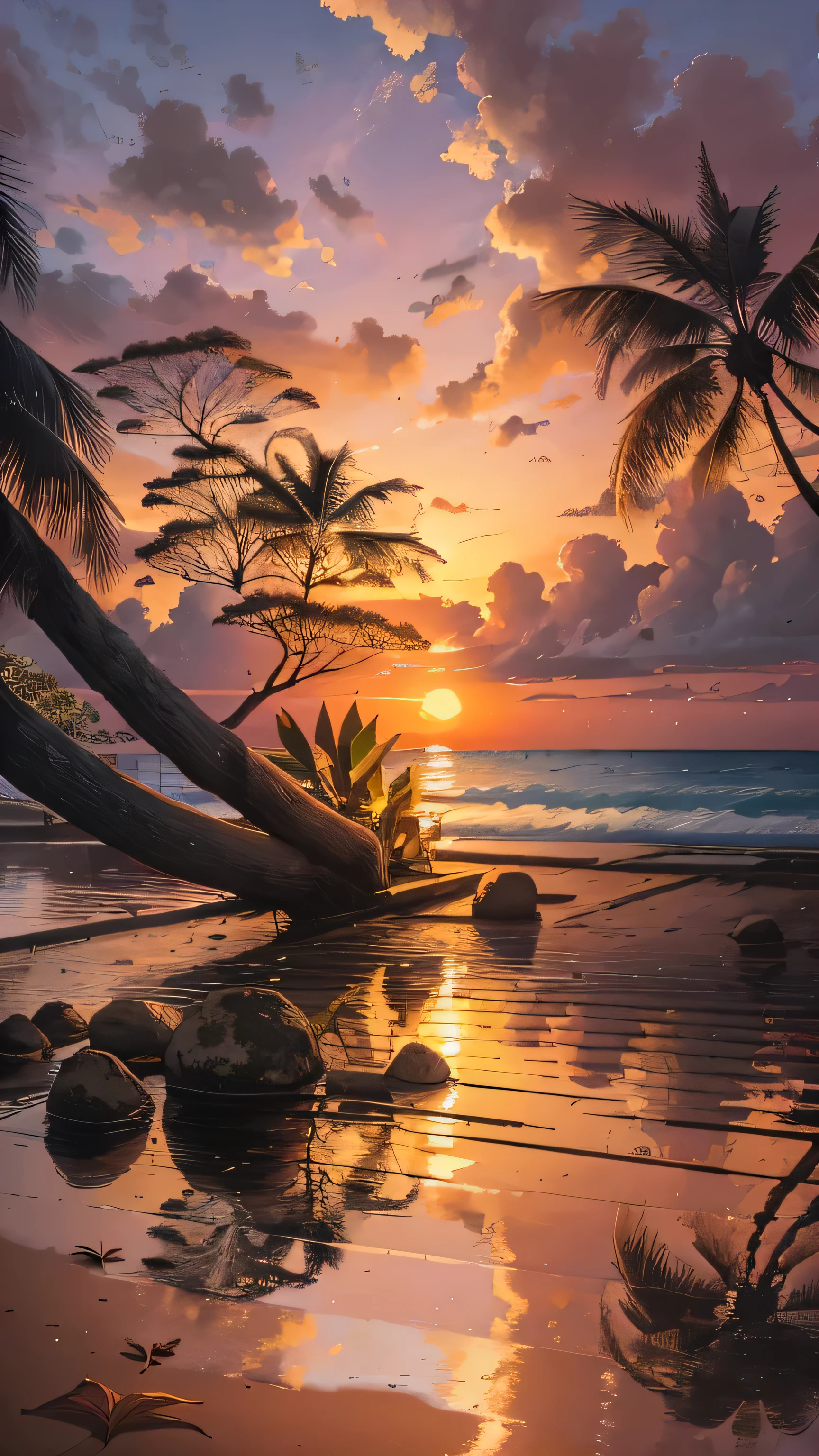Picture a serene late sunset scene on the beautiful beaches of Bali, where the warm light gently bathes the landscape in a golden hue. The palm trees of Palmeiras, as depicted by the masterful illustrations of James Gurney, gracefully sway in the gentle breeze, adding to the raw natural beauty of the surroundings. The intricate details of the leaves and the texture of the bark are so lifelike, you can almost feel the roughness of the bark if you touch it.
This fine drawing by David Matte invites you to take a moment to appreciate the ephemeral beauty of the sunset. The hues of orange, pink, and purple blend seamlessly with