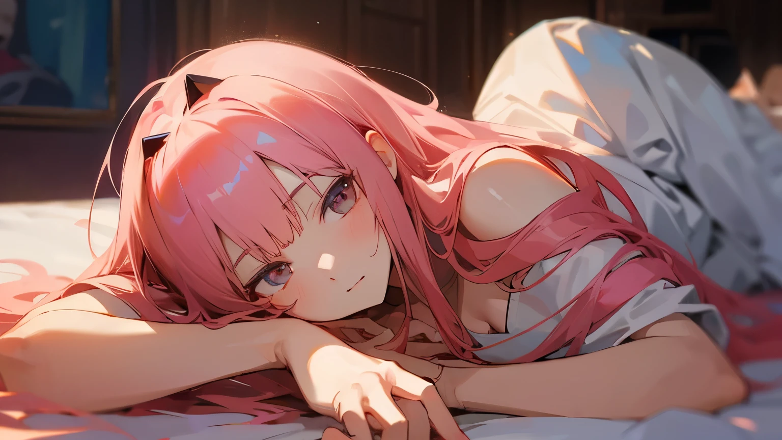 masterpiece,best quality,zero two,horn,whole body,Lying down,enjoy,side of body,Face looking into the camera