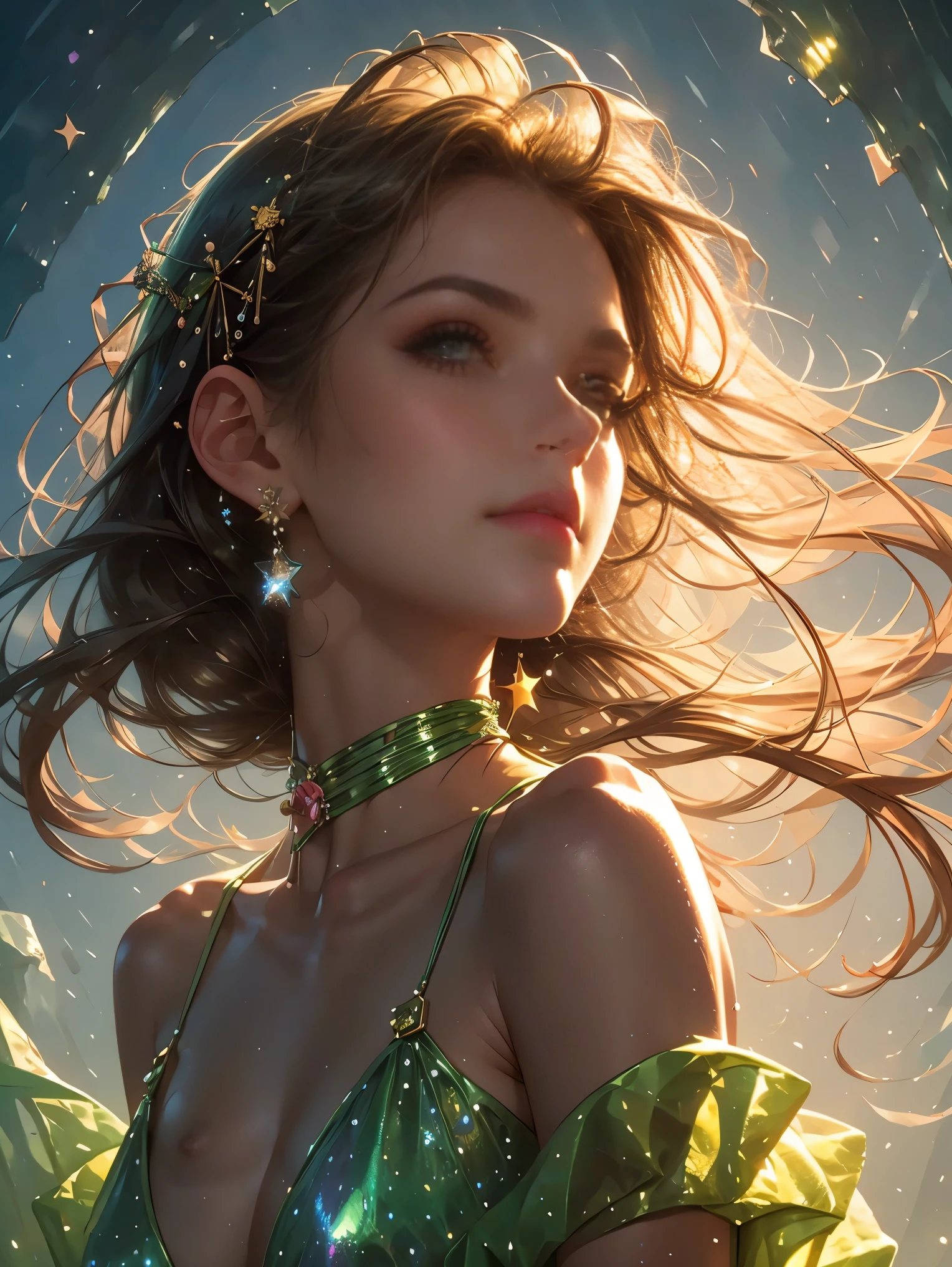 Psychedelic style 1girl,One,wide shot,(wide dress made of galaxy and stars:1.3),bare shoulders,without straps,Jewelry,earrings,blonde hair,long hair,high angle shot,Surreal,fantasy,Dreamy,masterpiece,Best quality,A high resolution,Delicate details,. bright colors,Swirling patterns,Abstract shapes,Surreal,strange,full_body,