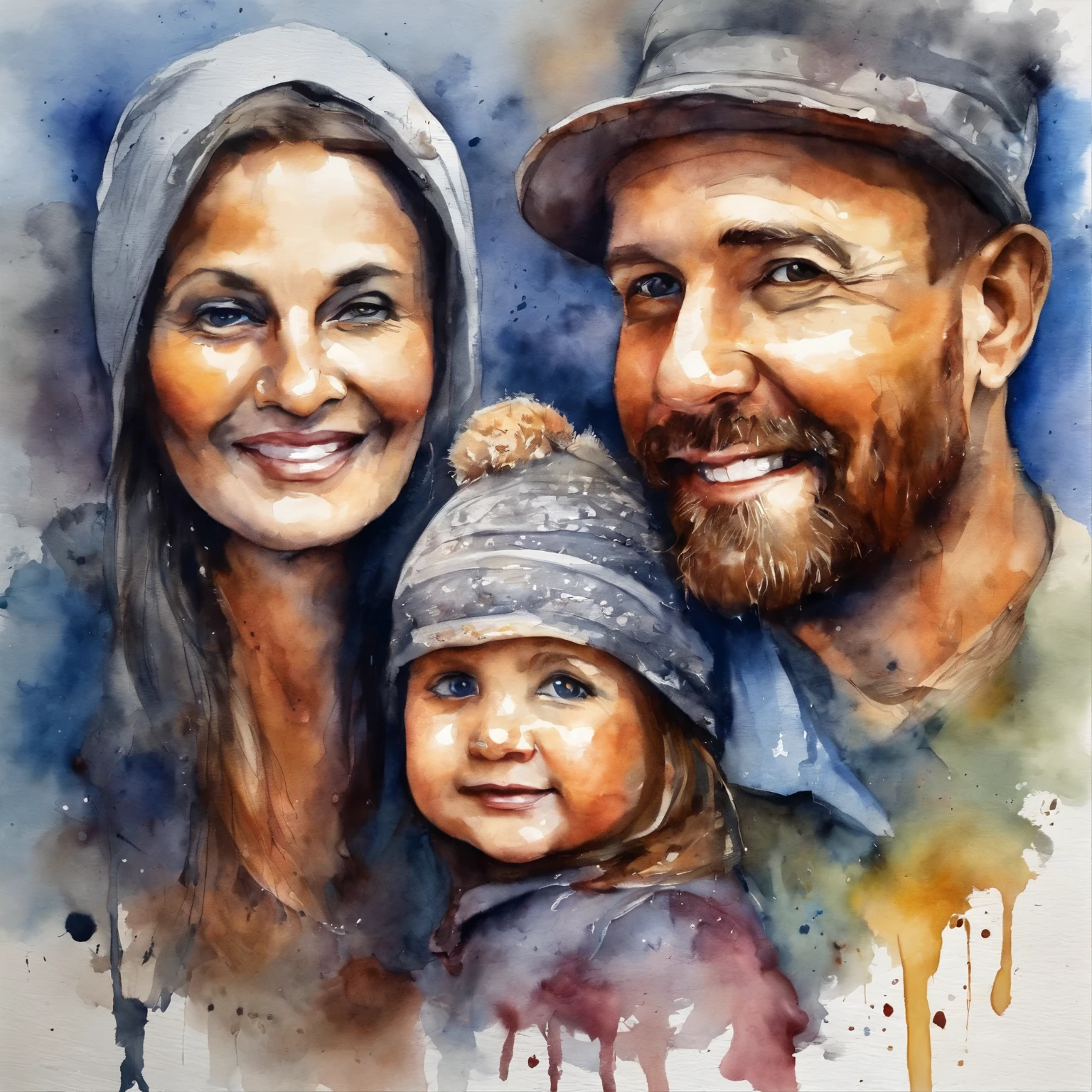 painting of a mother, father and with a splatter background and spray paint effect, by Eugeniusz Zak, watercolor art, by Károly Lotz, watercolor painting, watercolor painting style, watercolor detailed art, by Reuben Tam, watercolor digital painting, watercolor, masterfully detailed watercolor, watercolor art, Grzegorz Rutkowski
