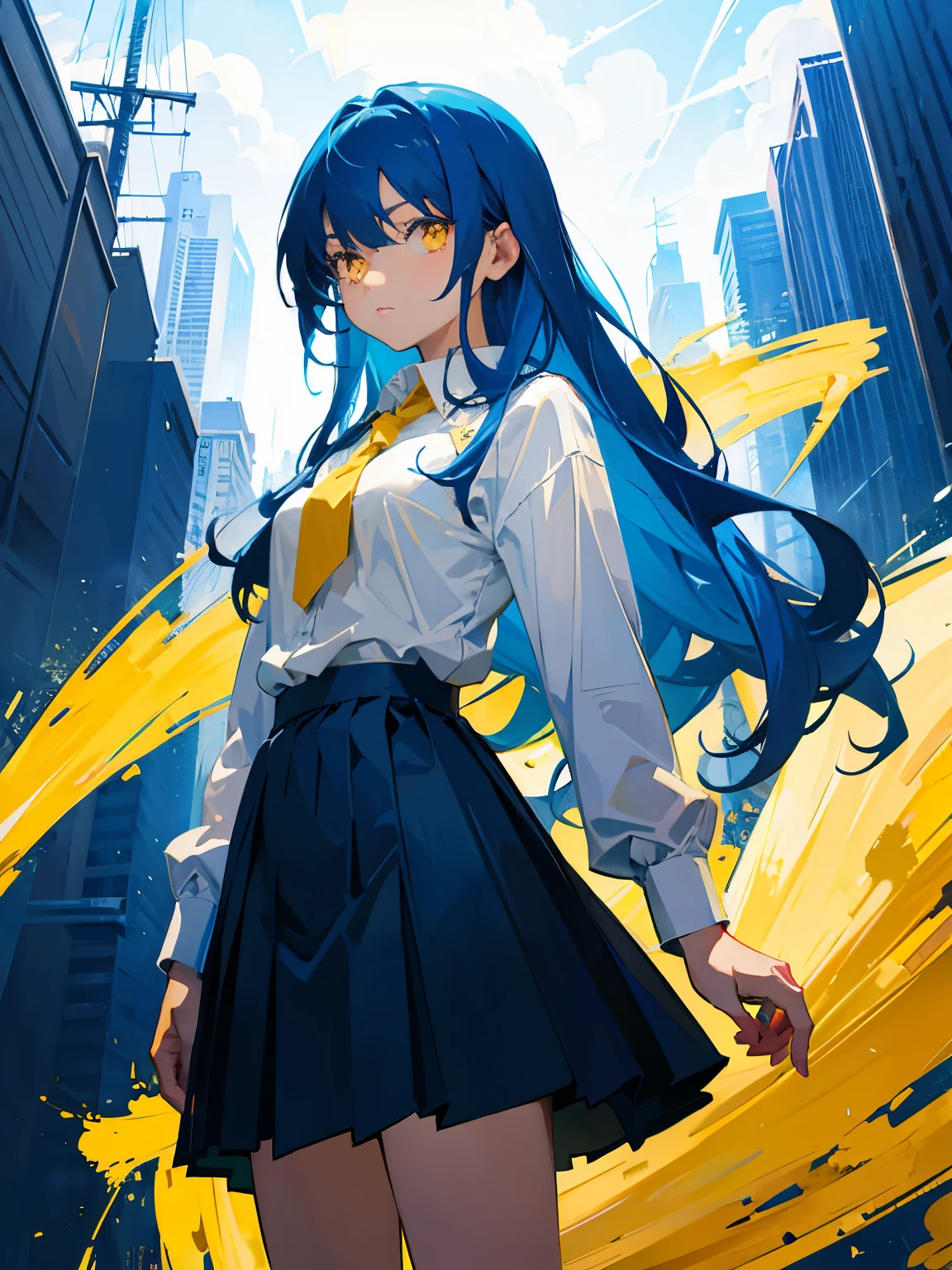 masterpiece, best quality, solo, female, long hair, blue hair, yellow eyes, skirt, long sleeve shirt