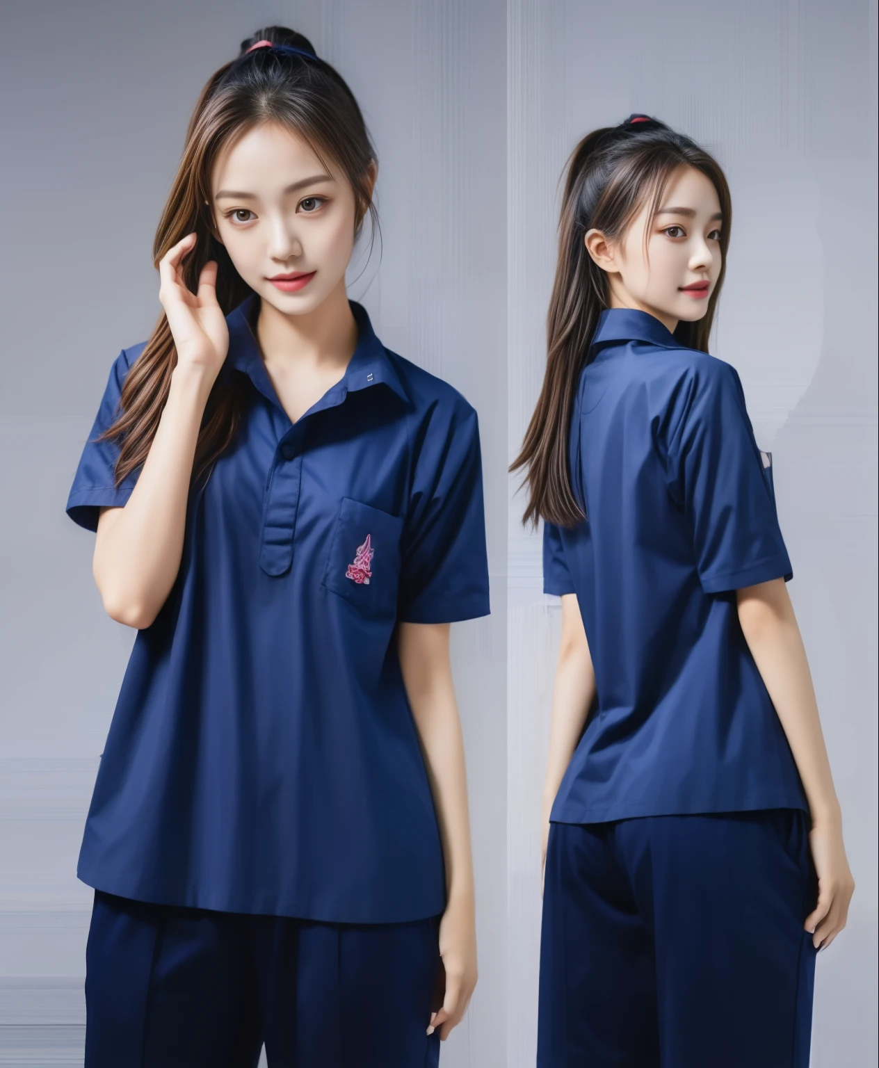 (best quality,10,10,height,Masterpiece:1.2),Special details,(realistic,ภาพrealistic,Realistic photos:1.37),1 Cute girl in the kitchen,shiny, ผิวshiny,only,smile softly,BDclothelue shirt:1.3)),short sleeve,shirt, กางเกงขาlong.,(navy_long_track pants:1.1), ((Kitchen Background)),Dynamic angle,excited,Face focus,dynamic poses,from behind,focus on ass,Masterpiece, best quality, ultra realistic, hyper detail, 8k resolution, raw photos, Sharp focus, ((Navy blue shirt:1.1)), short sleeve, เส้นทางlong, perfect body, 2 mature women, 18 years old, Cinema-grade lighting system,blue sweatpants,shirtผ้าออกกำลังกาย,correct anatomy,perfect body, correct body, Sharp face, correct bodyทางกายวิภาค, full body, realistic gestures, long-haired, realistic poses,Wear long shorts...........................,ช่วงขาlong,Good shape,carved girl, Slender figure, model, Good shape, beautiful body,blue sweatpants, two girls kissing