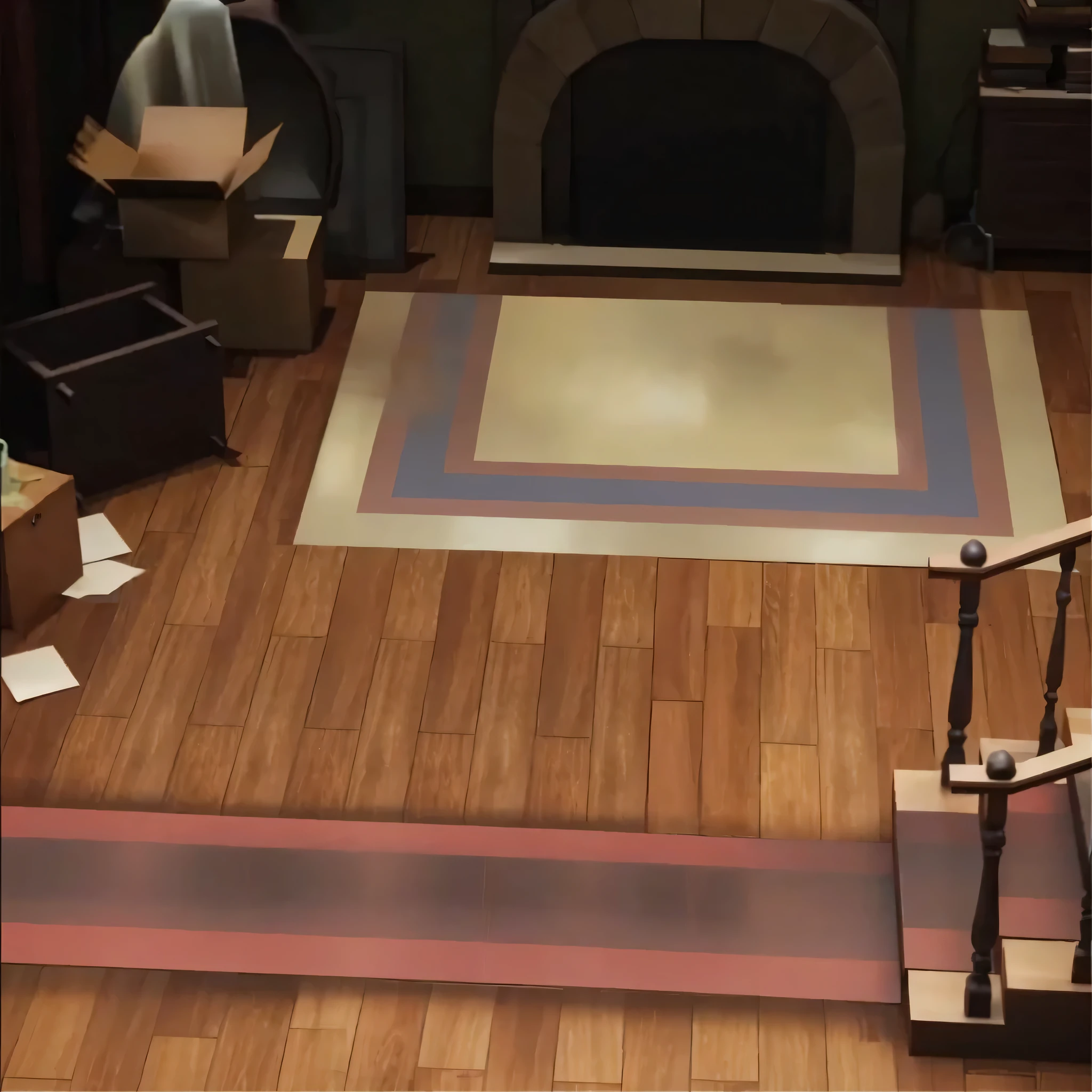 There is a room with a fireplace,carpet on the floor, 视频Game screenshots>, furniture overturned, Realistic establishing shot, 《The Sims 4》texture, collapsed floor, The Sims 4 截图, cutscene片段, 室内Game screenshots, Realistic screenshots, cutscene, game screen, Animated static screenshots, Game screenshots, dusty floor, smog on the floor