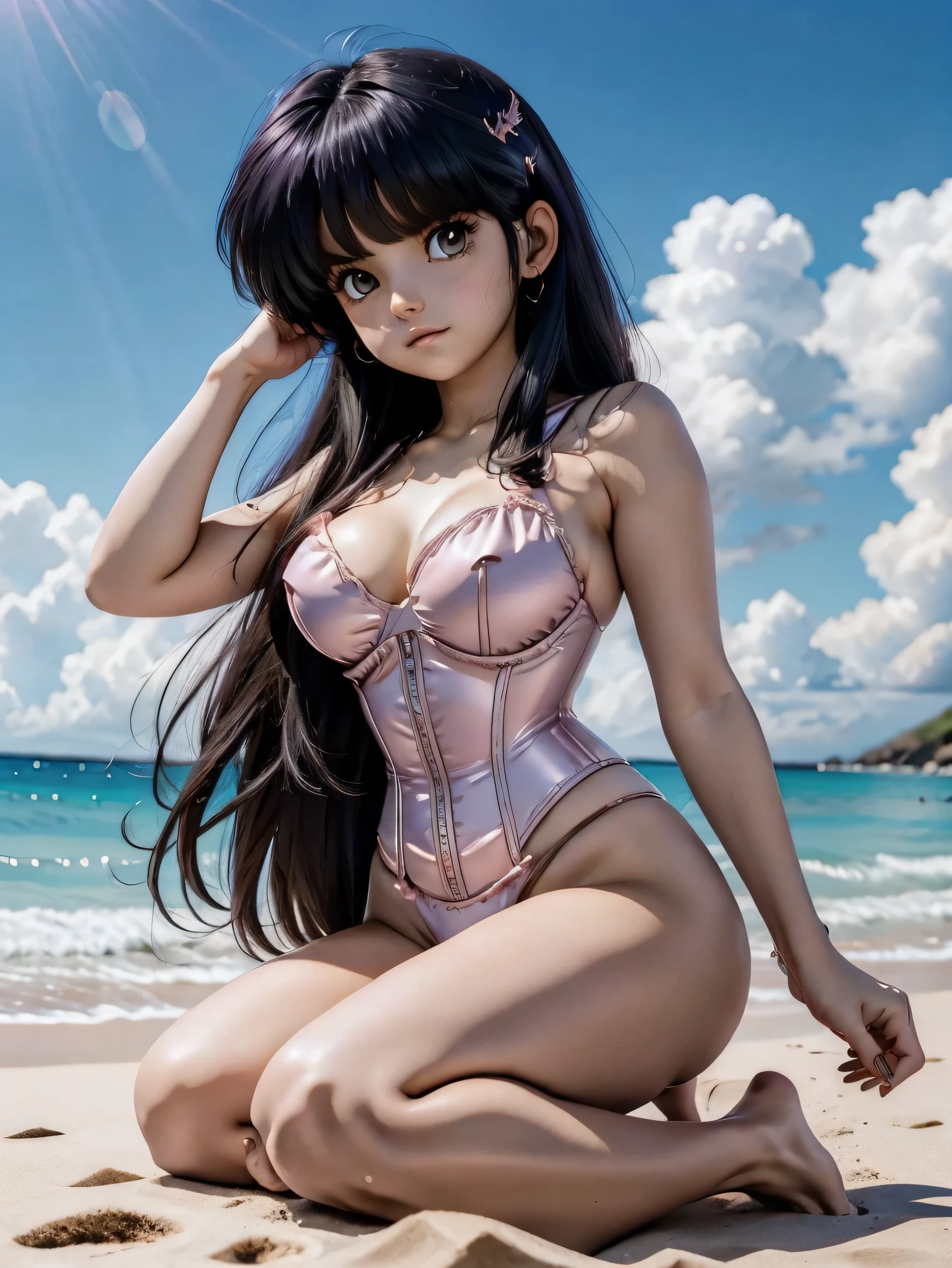 Dark-haired anime girl in pink swimsuit and corset, 16 anos, corpo bonito, seios grandes, com hand in panties , hand in hair, Garota sensual, purple cabelo, mechas de cabelo laterais, mechas de cabelo na lateral do rosto, beautiful lighting, sombras suaves, olhos azuis, pernas bonitas, cabelo curto, estilo anime, personagem Akane Tendo, Autora Rumiko Takahashi, Baseado em obra de Rumiko Takahashi, Anime Ranma 1/ 2, decote sensual, quadril robusto, corpo inteiro, corpo inteiro, busto grande, garota jovem com corpo belo e bonito, sandals on his feet, garota 16 anos jovem, usando maiô e corset pink, garota anime, estilo anime, beautiful feet in sandals, 45° viewing angle, ao ar livre, peito grande, seios bonitos, cabelo preto, sandals on the feet, pernas bonitas, sensual, belas pernas, Sandalias, seios grandes, corpo completo, corpo inteiro, feet with sandals, anime realista, saia, sarja roxa, personagem realista sensual, postura reta, ao ar livre, calcinha pink, hand in panties